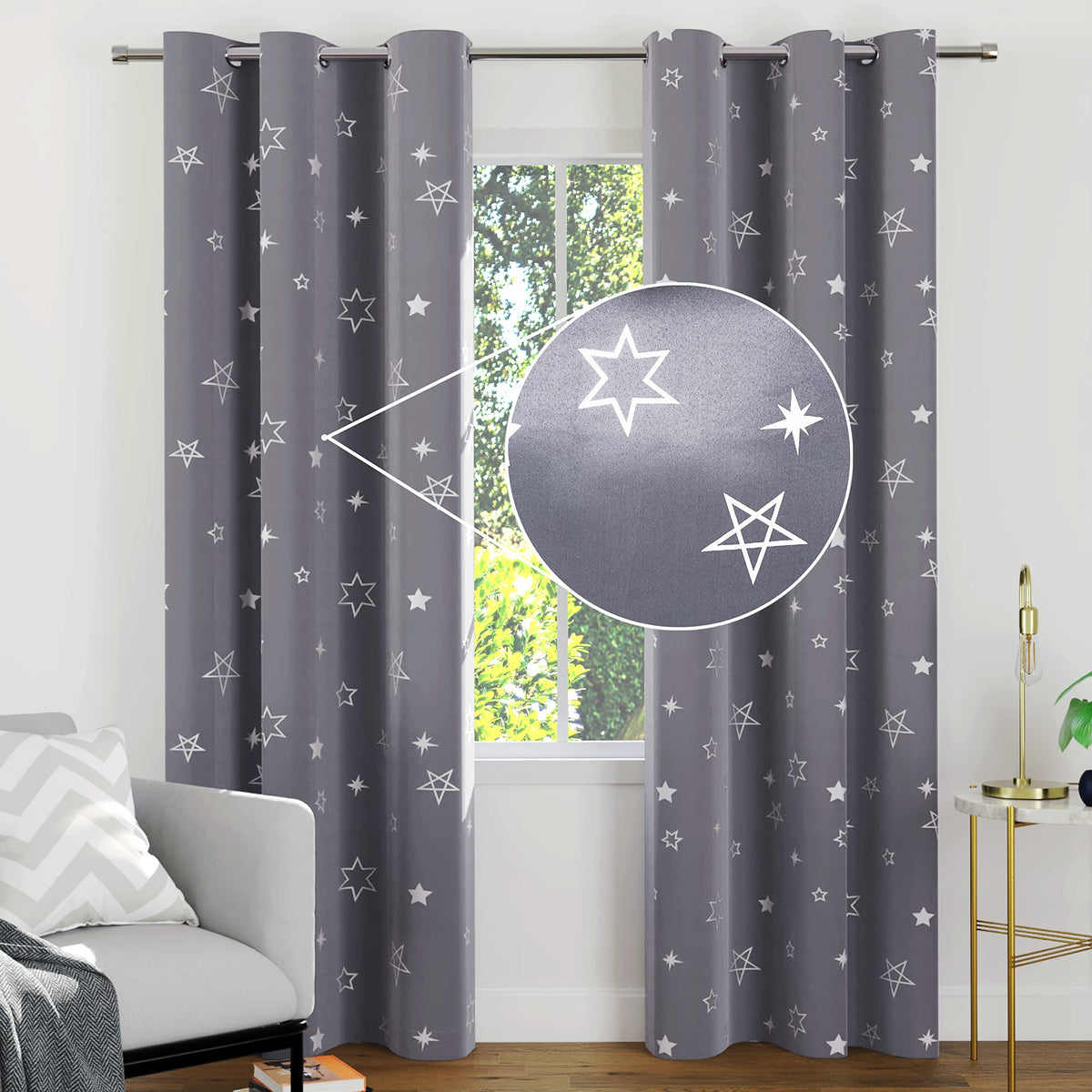 Encasa Homes Room Darkening Blackout Curtains 2 Panels Silver Foil Printed Plain Colours for Kids Bedroom, Living Room with Grommet, 85% Light Blocking, Sound & Heat Reducing, 7 ft -Star Medium Grey