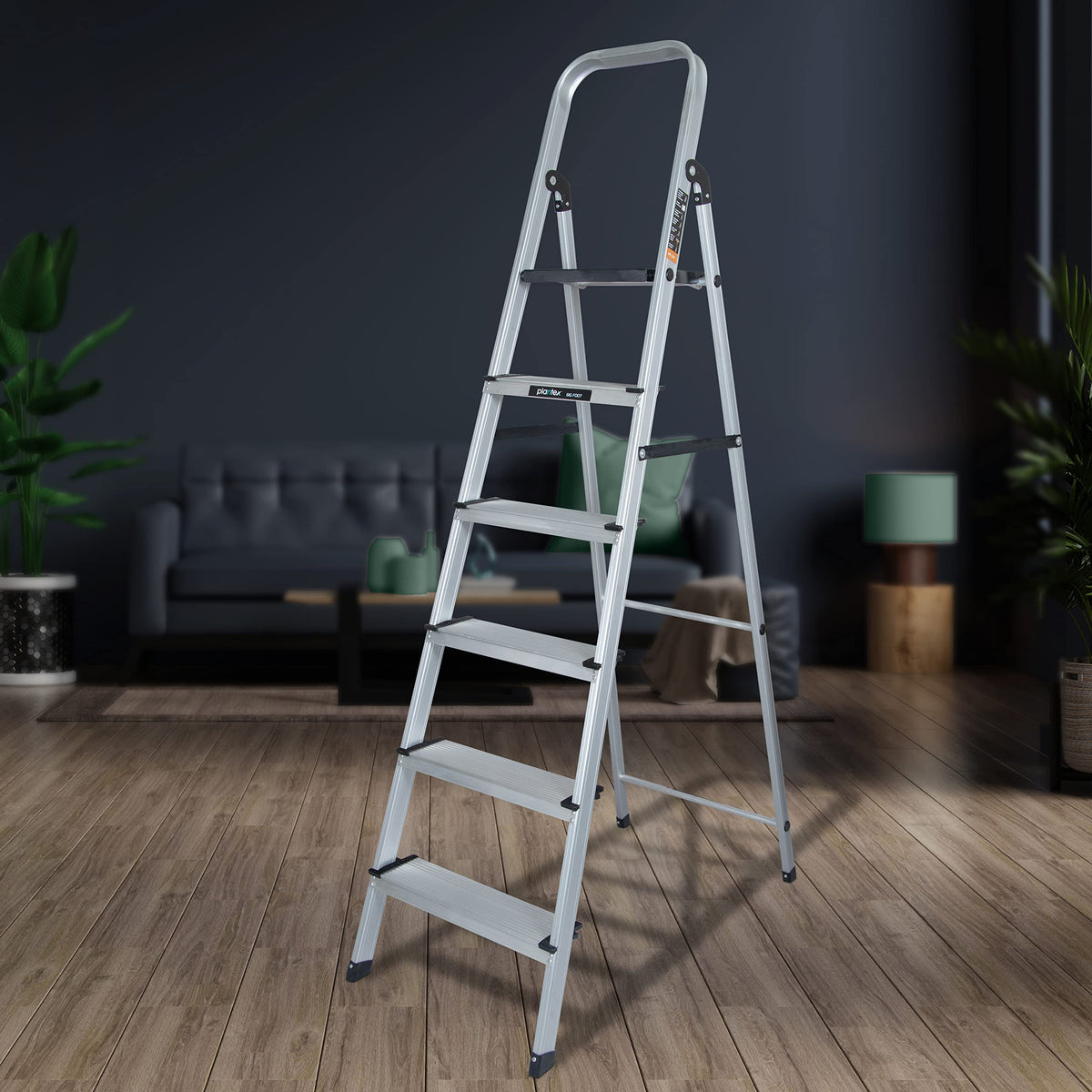 Plantex Big Foot - Widest Steps - Fully Aluminium Folding 6 Step Ladder for Home -Anti-Skid Step Ladder/6 Wide Step Ladder (Black-Silver)