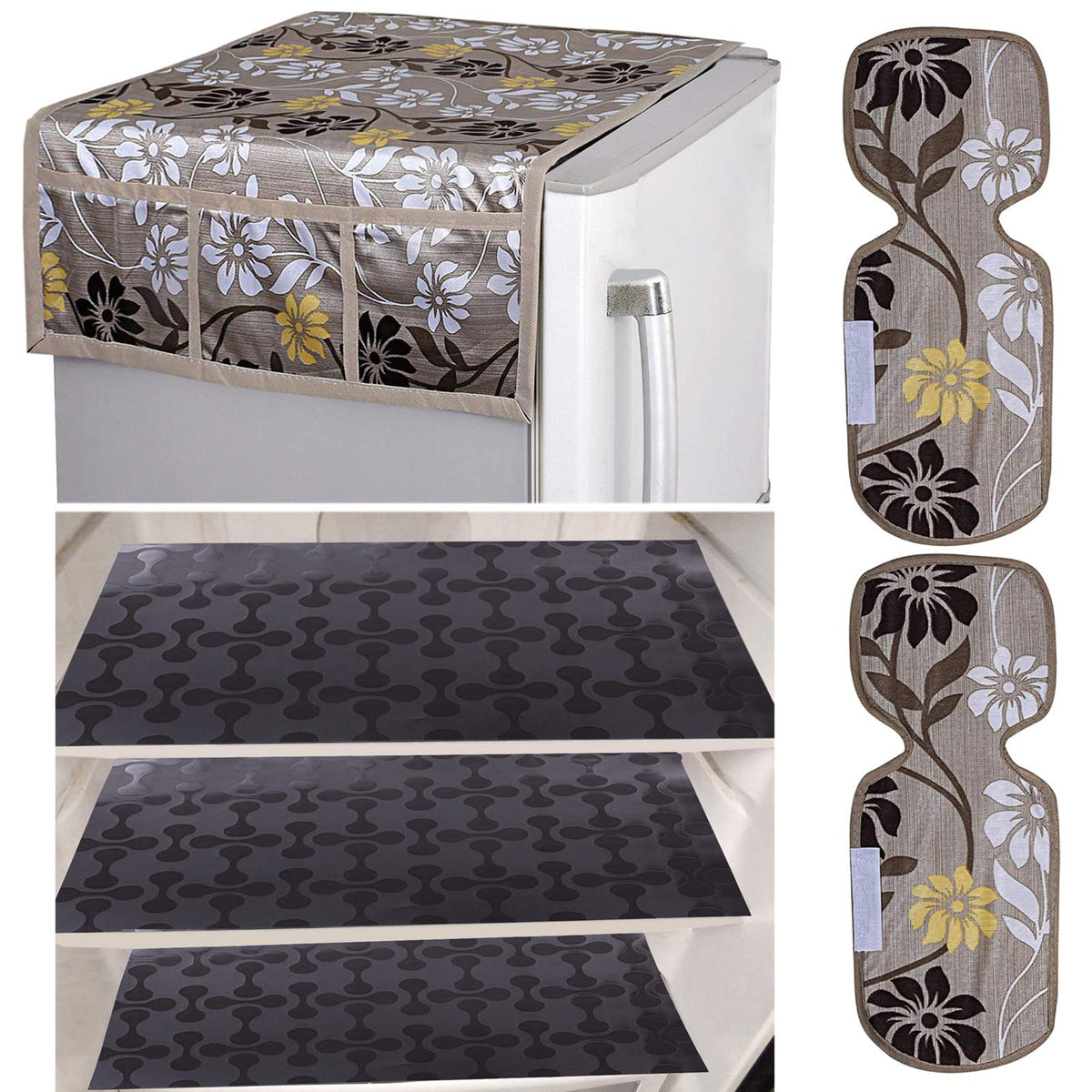 Kuber Industries Flower Design Combo PVC 3 Pieces Fridge Mats, 2 Piece Handle Cover and 1 Piece Fridge Top Cover(Gold),CTKTC024425