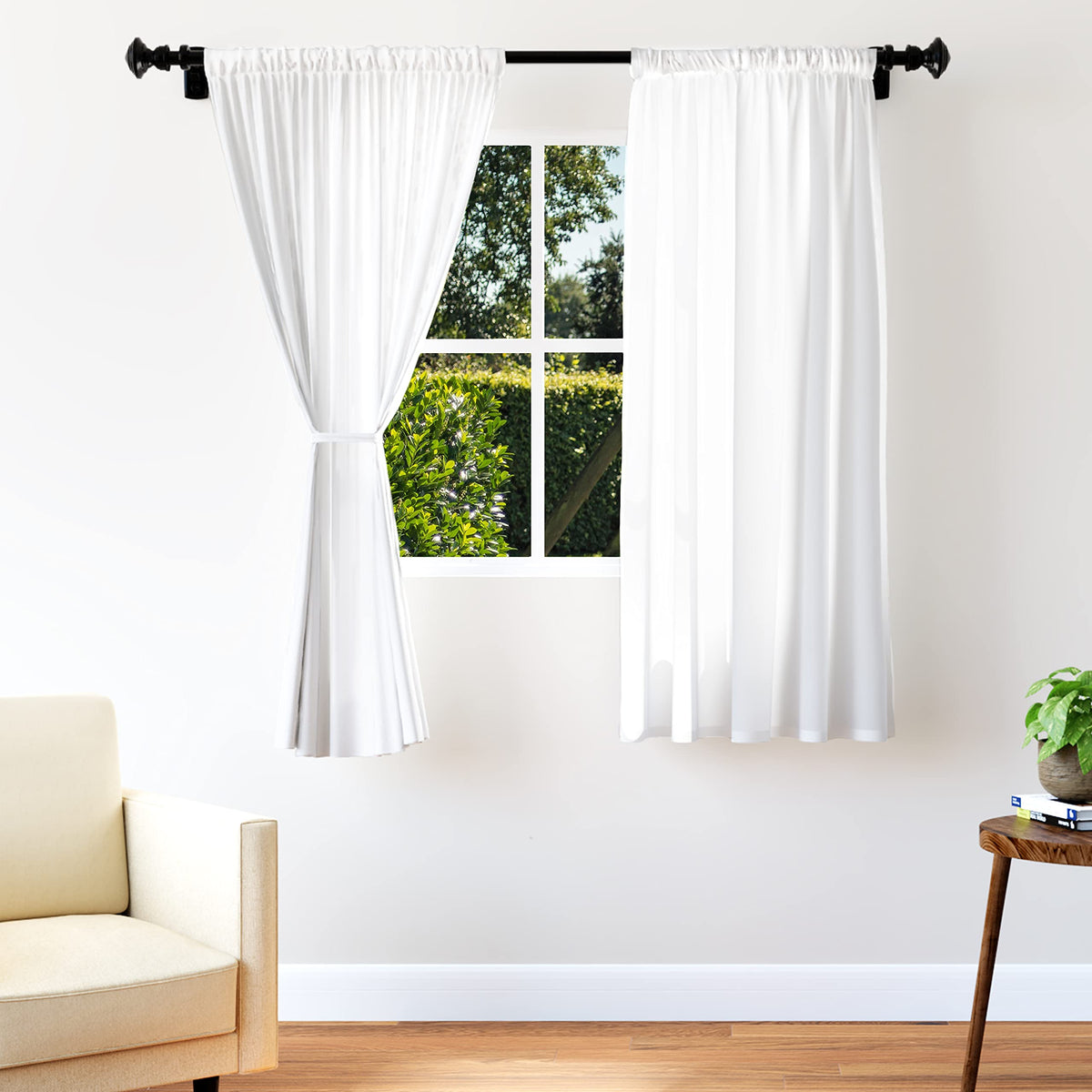Encasa Homes Polyester Solid Curtains with Tie Back, 6 ft Window Panel Set of 2 - White Poly, Rod Pocket, Light-Filtering, Curtains for Door, Bedroom, Living Room