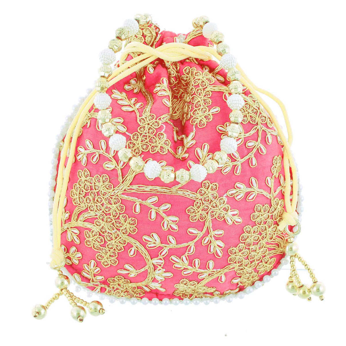 Kuber Industries Embroidery Drawstring Potli|Hand Purse with Gold Pearl Border & Handle for Woman,Girls (Light Pink)