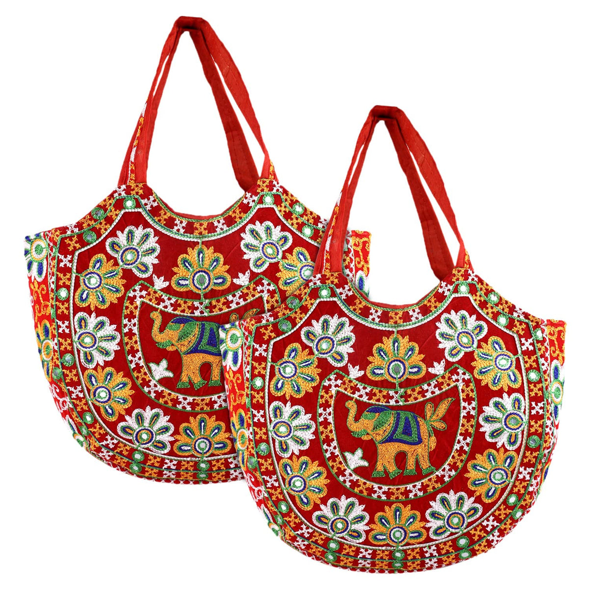 Kuber Industries Multiuses Velvet Floral Design Hand Bag/Tote Bag For Daily Trips, Travel, Office Pack of 2 (Red) 52KM3991