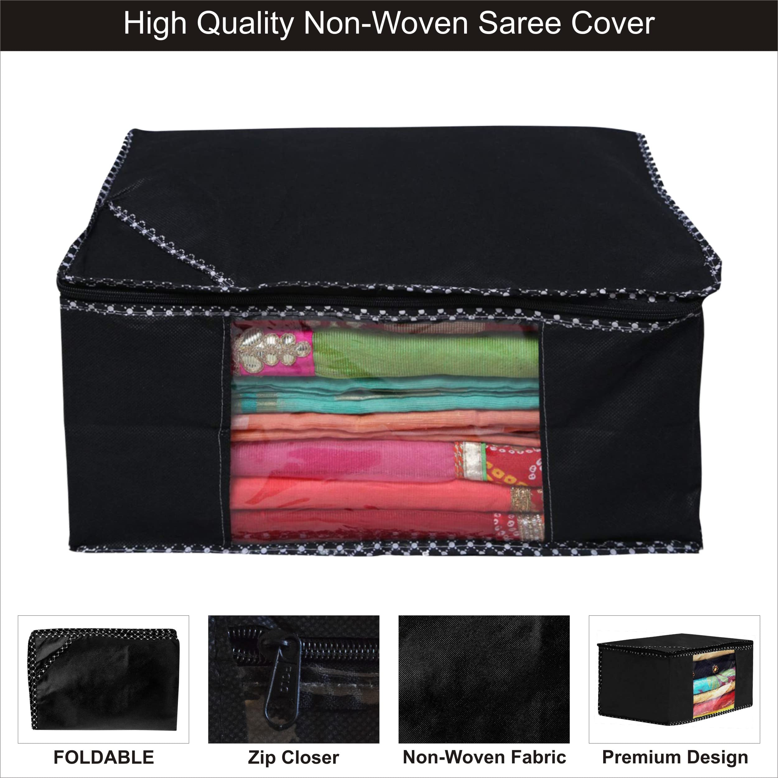 Kuber Industries Saree Covers With Zip|Saree Covers For Storage|Saree Packing Covers For Wedding|Pack Of 12 (Black)