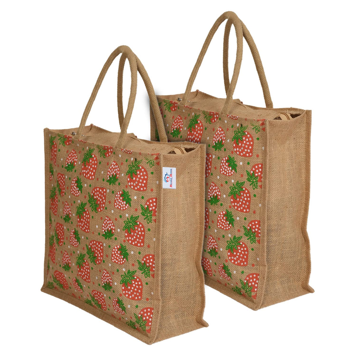 Heart Home Strawberry Print Jute Reusable Eco-Friendly Hand Bag/Grocery Bag For Man, Woman With Handle Pack of 2 (Brown and Red) 54HH4370.