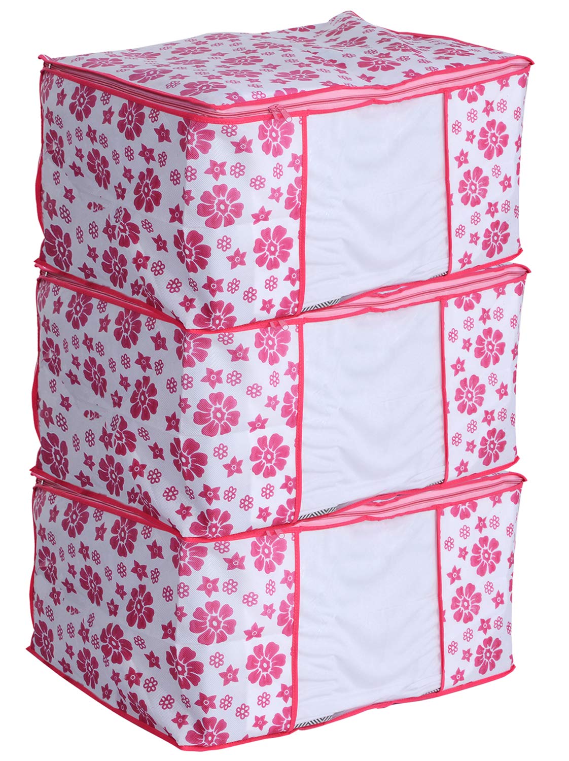 Kuber Industries Floral 3 Piece Non Woven Saree Cover Set, Pink