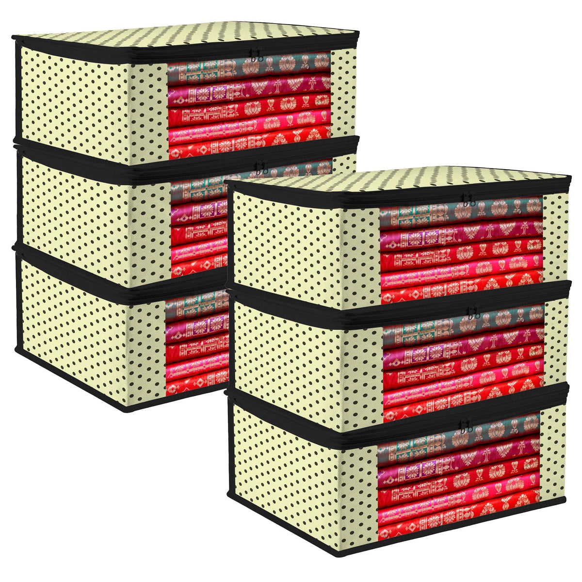 Heart Home Saree Cover | Clothes Storage Bag | Storage Organizer Bag | Zip Closure Saree Cover | Wardrobe Organizer | Dot-Design Saree Covers | 6 Inch | Pack of 6 | Cream