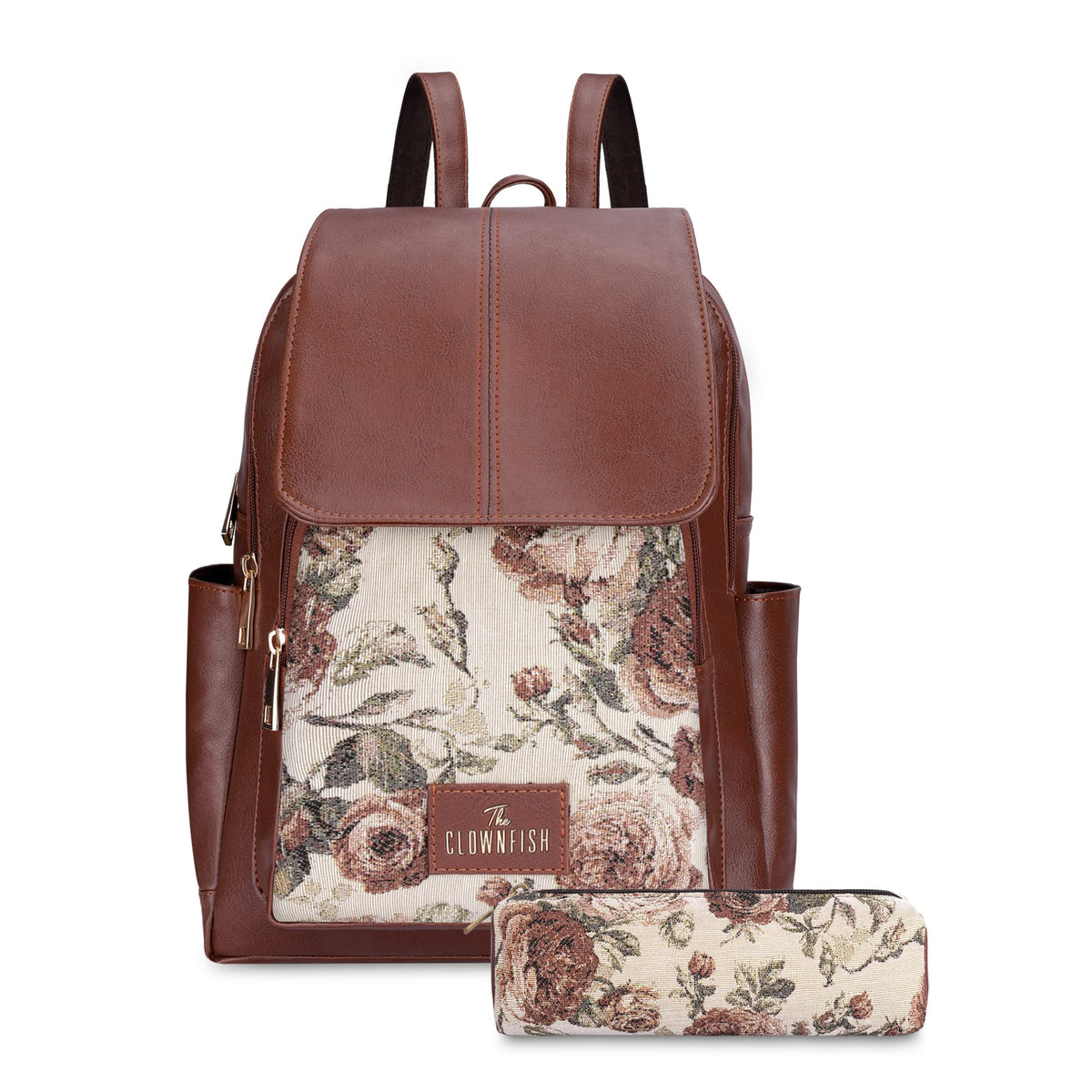 The Clownfish Medium Size Combo Of Minerva Faux Leather & Tapestry Women'S Backpack College School Girls Bag Casual Travel Backpack For Ladies & Expert Series Pencil Pouch Pen Case (Brown-Floral)