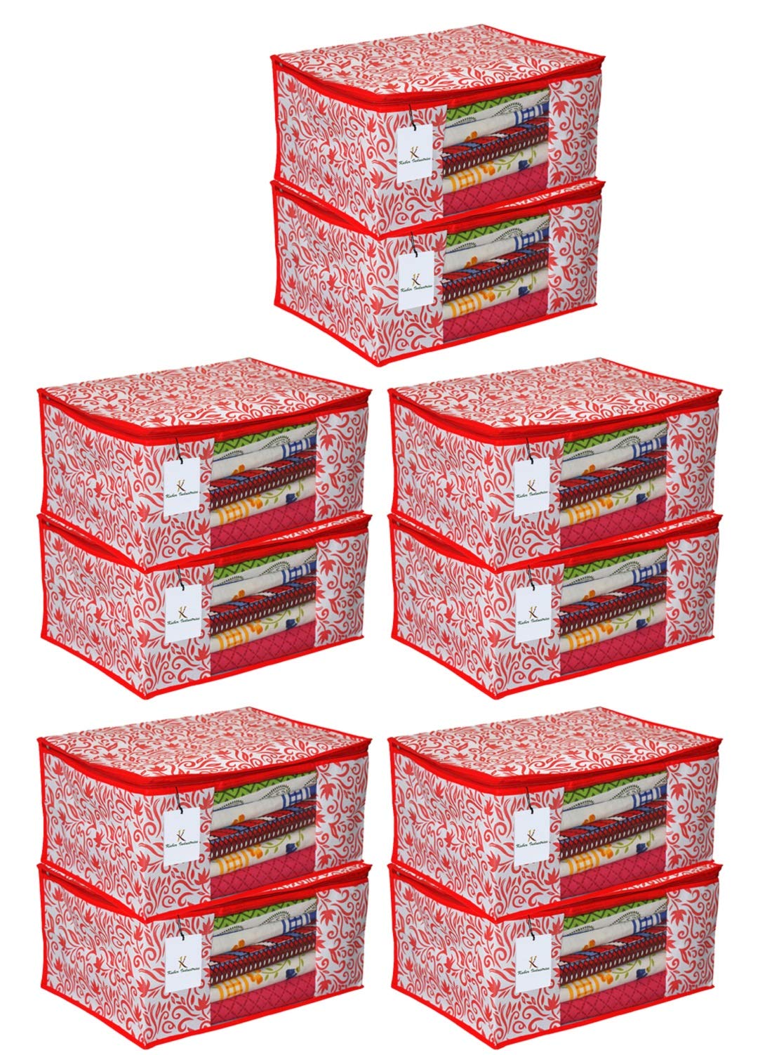 Kuber Industries Floral Design 10 Piece Non Woven Saree Cover, Extra Large, Red