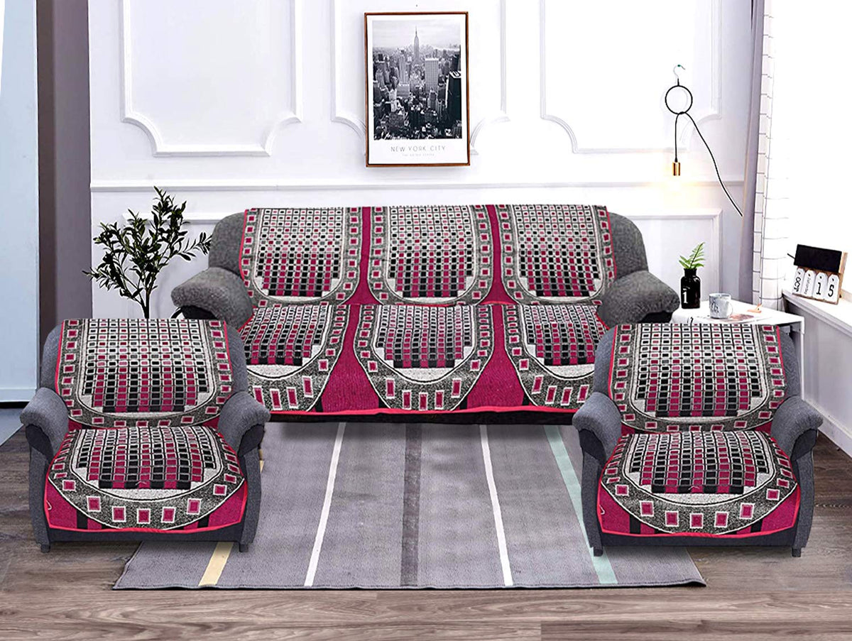 Kuber Industries Checkered Print 6 Piece Cotton 5 Seater Sofa Cover Use Both Side, Living Room, Drawing Room, Bedroom, Guest Room - Pink-KUBMART011162_Standard