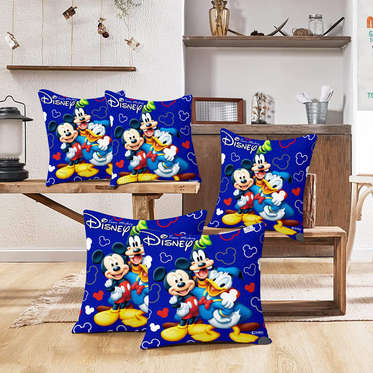 Heart Home Disney Team Mickey Print Cushion Cover|Sofa Cushion Covers|Sitting Cushion Cover|Polyester Cushion Filler|16x16 Inch|Set of 5 (Purple)