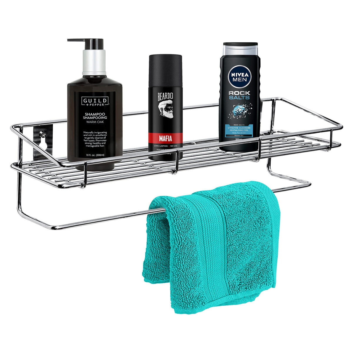 Plantex Stainless Steel Multipurpose Bathroom Shelf/Rack with Towel Rod/Bathroom Accessories - Wall Mount (Chrome)