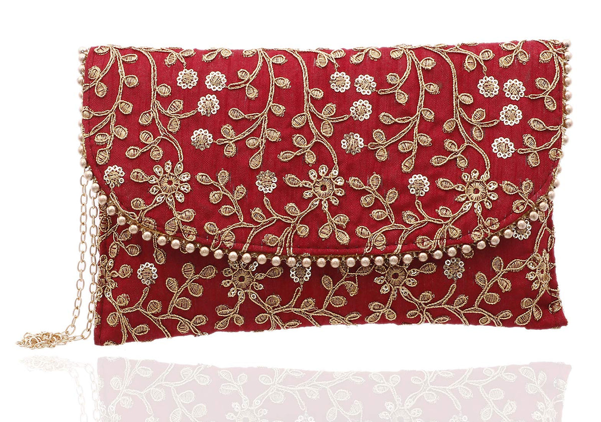 Kuber Industries Women's Handcrafted Embroidered Clutch Bag|Purse/Handbag for Bridal| Casual, Party, Wedding|Size 27 x 17 CM (Red, Maroon)