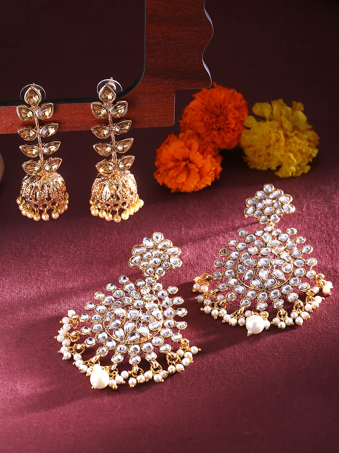 Yellow Chimes Ethnic Gold Plated combo of two pairs Kundan Studded Leaf Design Pearl Moti Jhumka and Dangler Earrings for Women and Girls, Medium (YCTJER-7KUDJUM-C-GL)