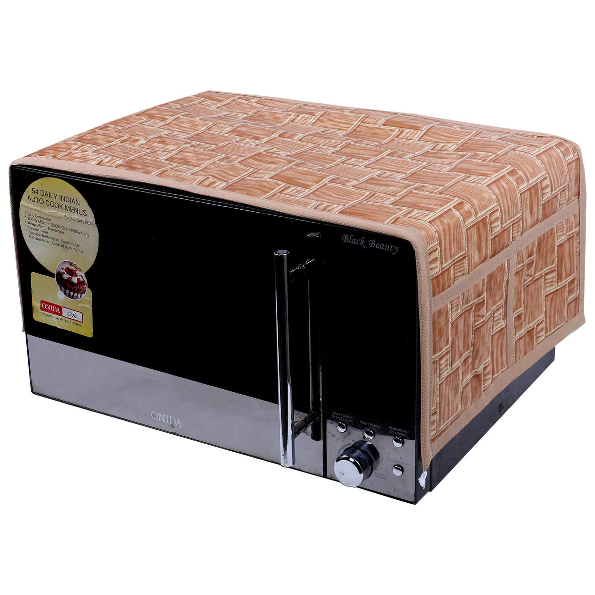 Kuber Industries Wooden Checkered Design PVC Microwave Oven Top Cover 30 Liter with Utility 4 Pockets (Brown) - CTKTC40694