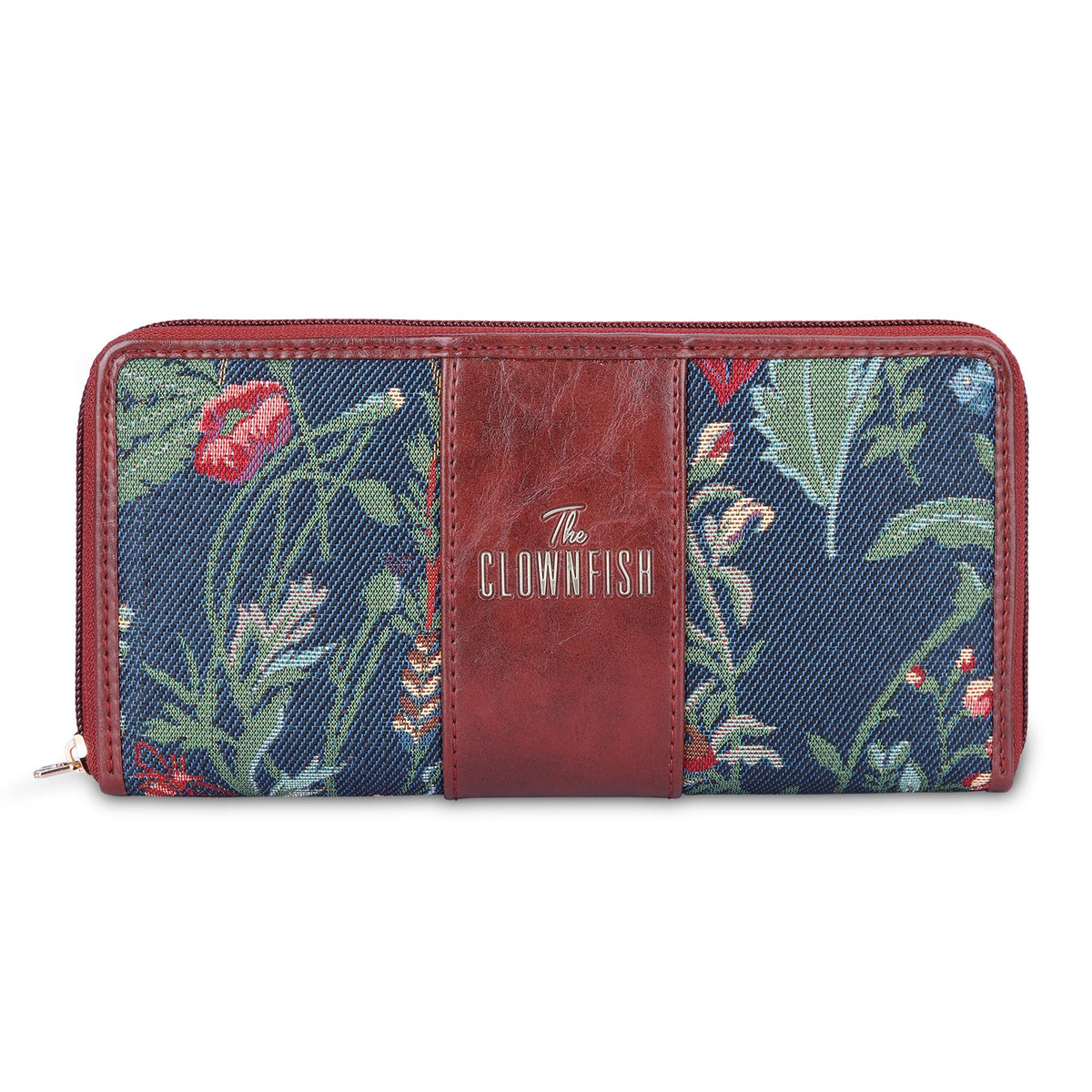THE CLOWNFISH Aria Collection Tapestry Fabric & Faux Leather Zip Around Style Womens Wallet Clutch Ladies Purse with Card Holders (Navy Blue- Floral)