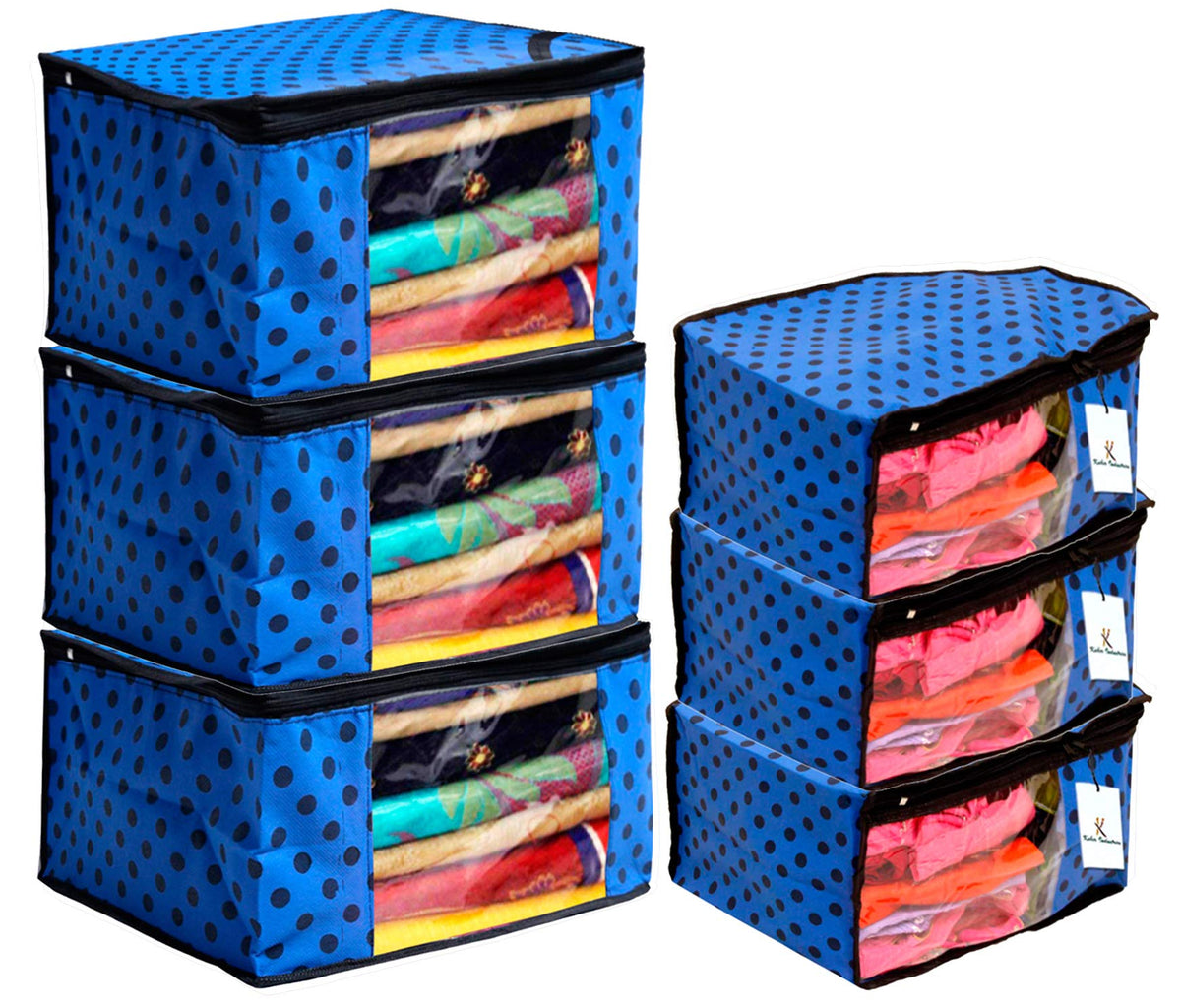 Kuber Industries Polka Dots Design Non Woven 3 Piece Saree Cover/Cloth Wardrobe Organizer and 3 Pieces Blouse Cover Combo Set (Blue) -CTKTC038428