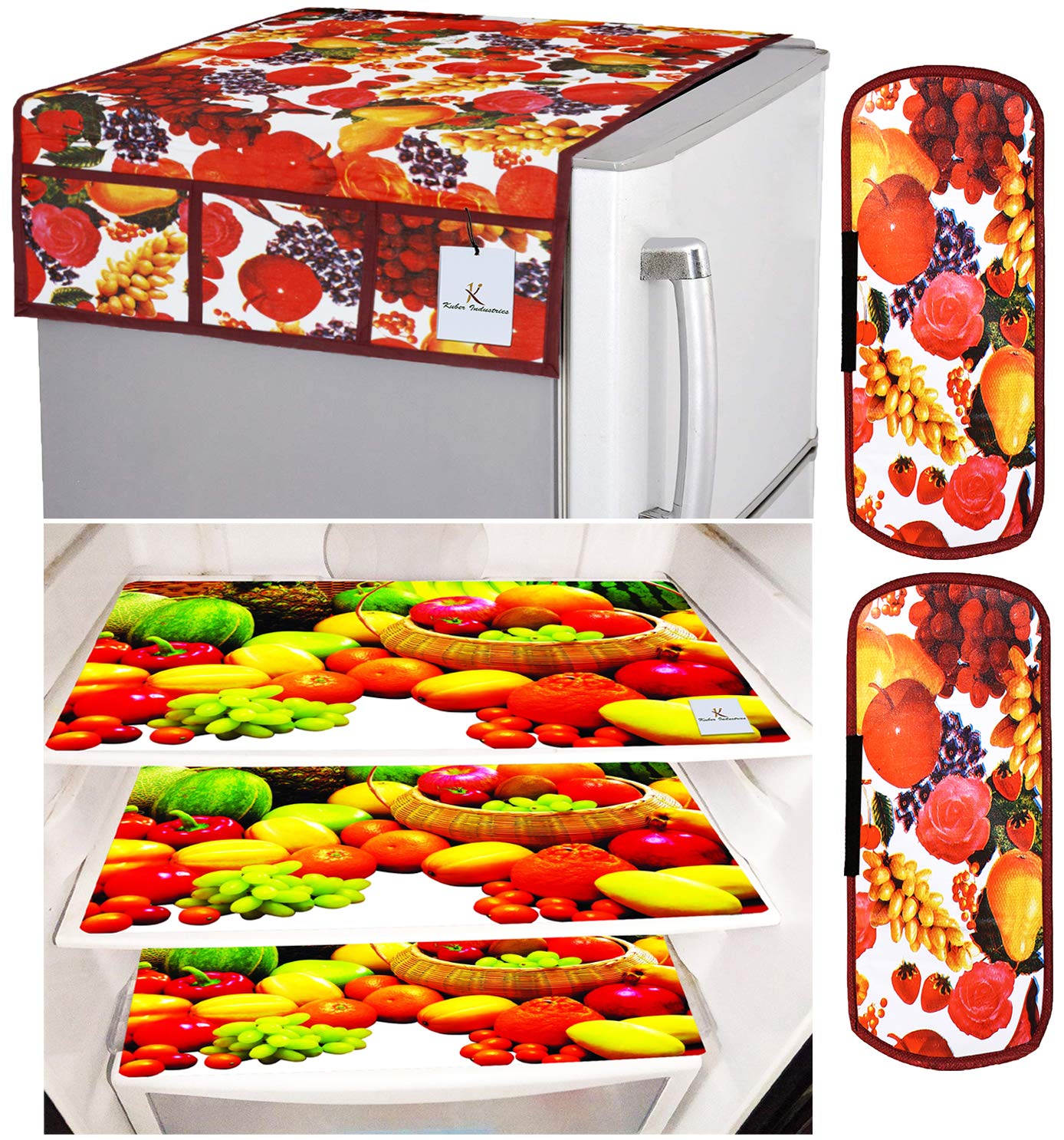 Kuber Industries Fruits Design 3 Pieces PVC Fridge Mats and 2 Piece Handle Cover and Fridge Top Cover (Red, White),for-Adult