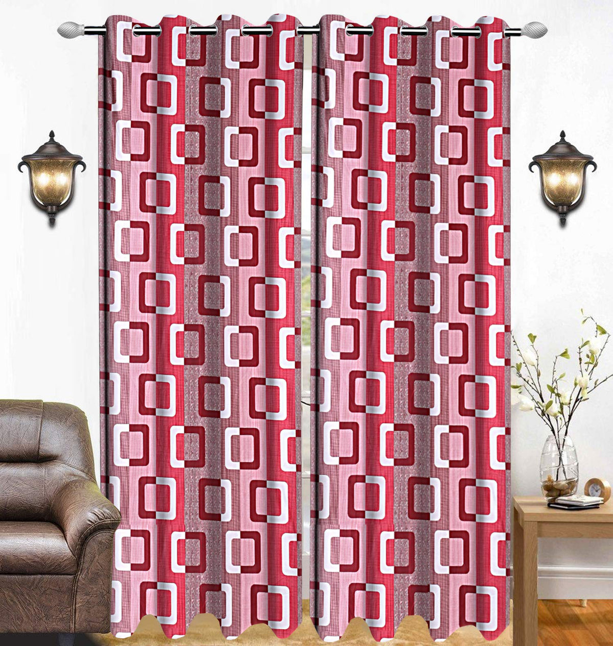 Kuber Industries Geometric Design 2 Pieces Polyester Eyelet Door Curtain 7 Feet (Maroon)-CTKTC14242