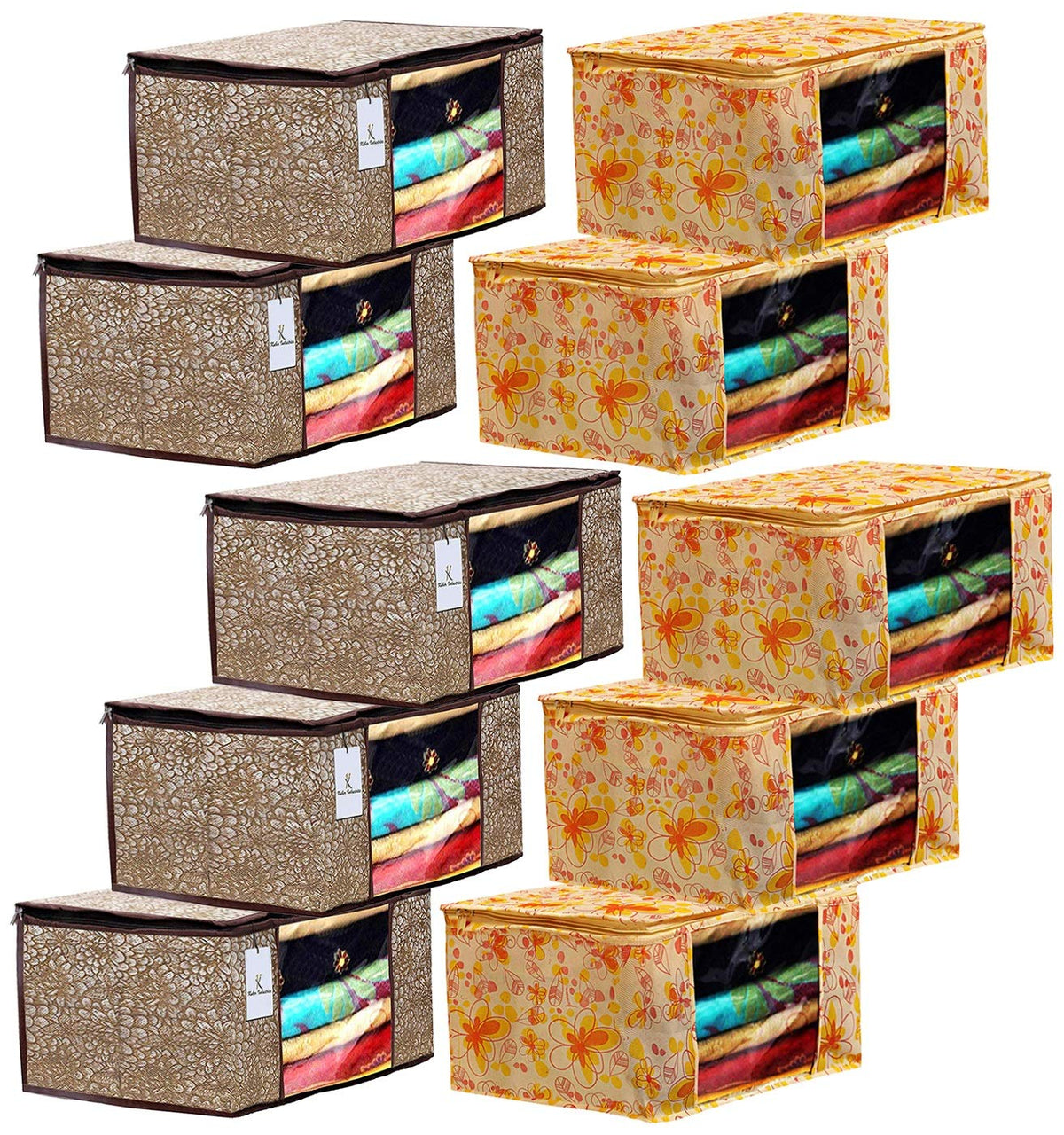 Kuber Industries Metalic Printed 10 Piece Non Woven Fabric Saree Cover Set with Transparent Window, Extra Large, Ivory Red & Golden Brown -CTKTC40959