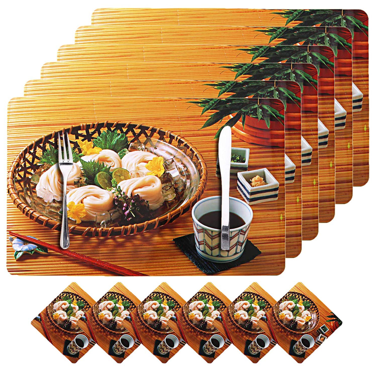 Kuber Industries Basket Design PVC Dining Table Placemat Set with Tea Coasters (CTKTC032193, Brown) - 6 Pieces