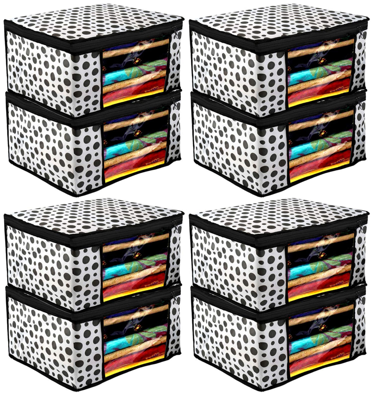 Kuber Industries Polka Dots Design 8 Piece Non Woven Fabric Saree Cover/ Clothes Organiser For Wardrobe Set with Transparent Window, Extra Large,(Black & White) -CTKTC038097