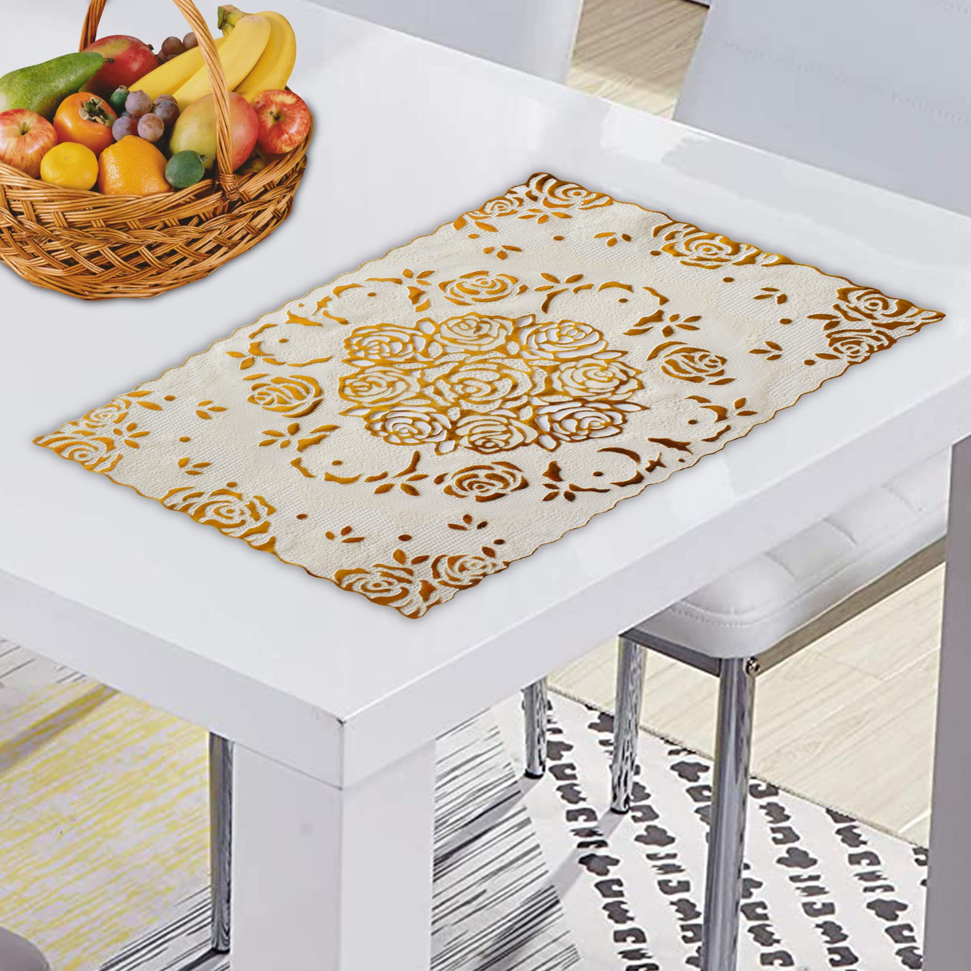 Kuber Industries Floral Design Virgin Microfibre Viny Soft Fabric 6 Pieces Dining Table Placemat Set (CTKTC045900, Cream, Polyester)
