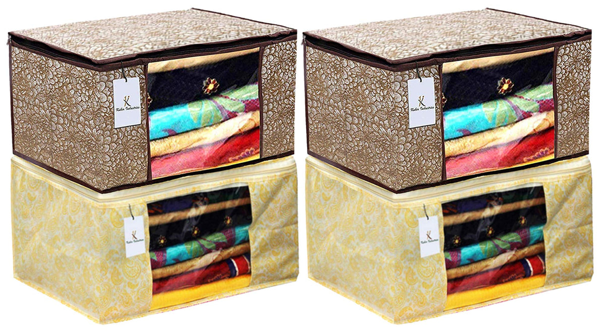 Heart Home Metalic Printed 4 Piece Non Woven Fabric Saree Cover Set with Transparent Window, Extra Large, Golden Brown & Gold - CTHH22685