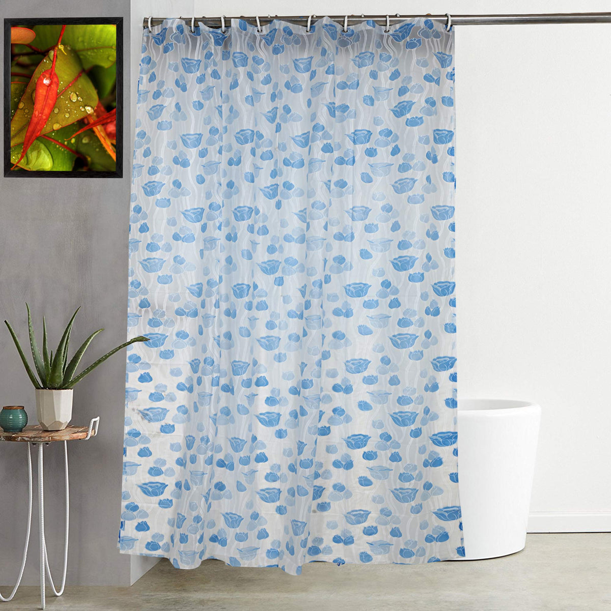 Kuber Industries PVC Floral Shower Curtain with Hooks, Size Standard (Blue), Washable, Pack of 1