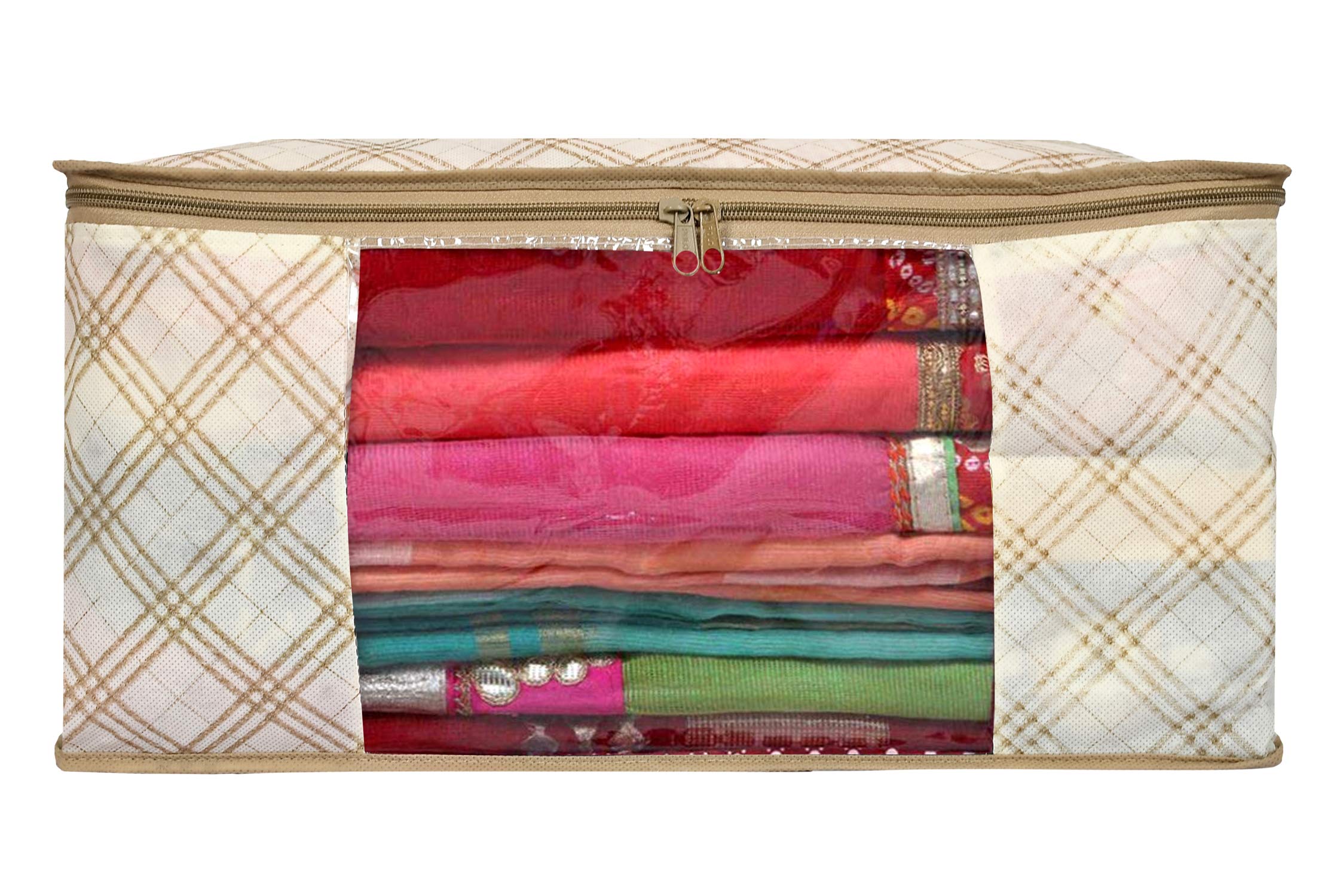 Kuber Industries Metalic Checkered Print Non-woven Foldable Saree Cover|Storage Bag/Wardrobe Organizer|Zipper Closer With Transparent Window|Size 46 x 32 x 22 CM|Pack of 3 (Ivory)-KUBMART16504, cotton