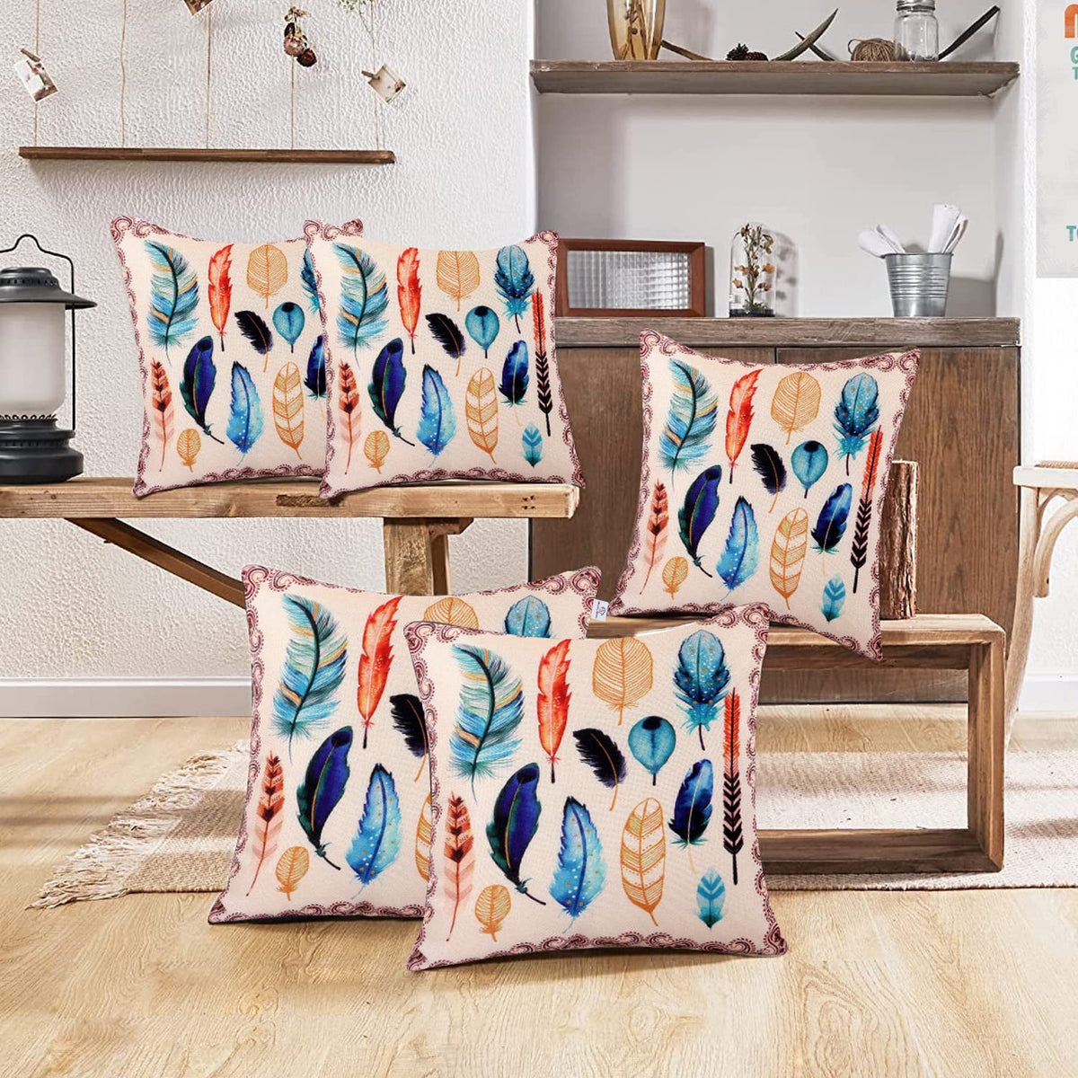 Heart Home Cushion Cover|Sofa Cushion Covers|Feather Print Sitting Cushion Cover|Polyester Cushion Filler|16x16 Inch|Set of 5 (White)