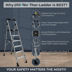 Plantex Thor Aluminium 6 Step Folding Ladder for Home with Advanced Locking System Multipurpose Foldable - (Silver & Black)