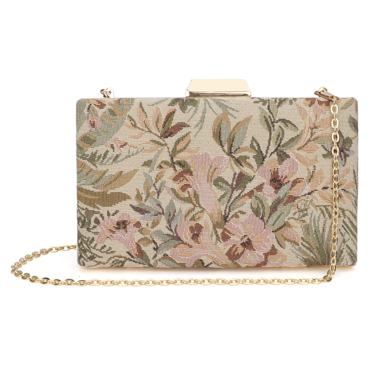 THE CLOWNFISH Estella Collection Tapestry Womens Party Clutch Ladies Wallet Evening Bag with Chain Strap (Beige)