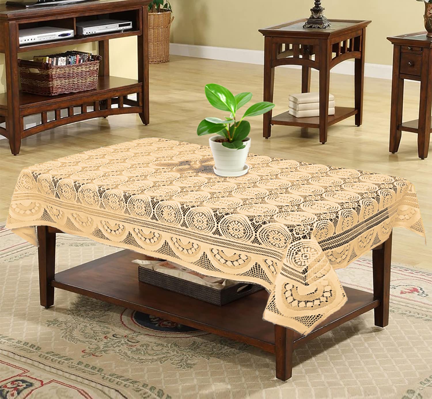 Kuber Industries Circle Printed Cotton 4 Seater Center Table Cover,40"x60" (Cream)-44KM07