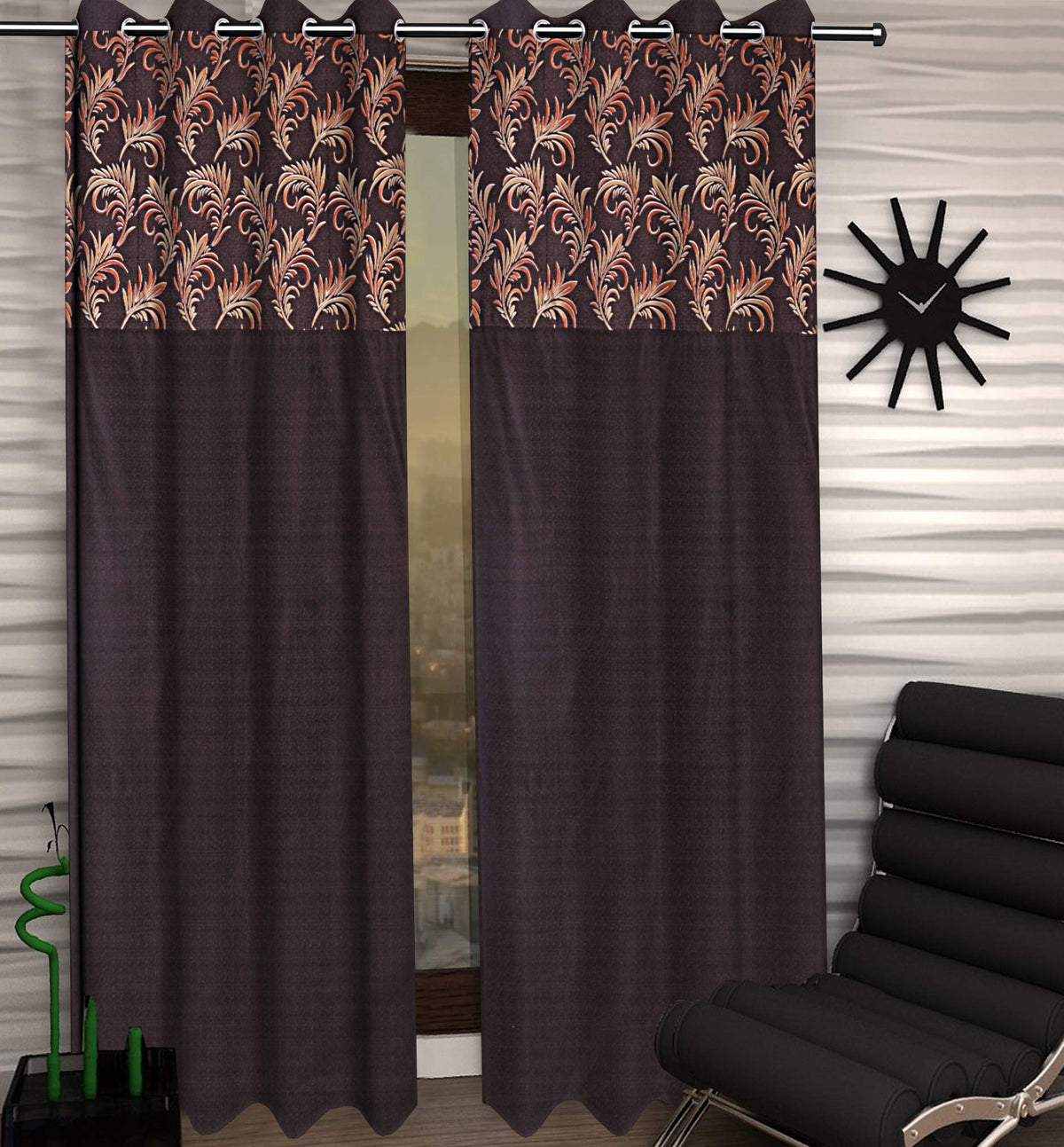 Kuber Industries Leaf Design 2 Pieces Polyester Eyelet Door Curtain 7 Feet (Coffee)-Ctktc30164