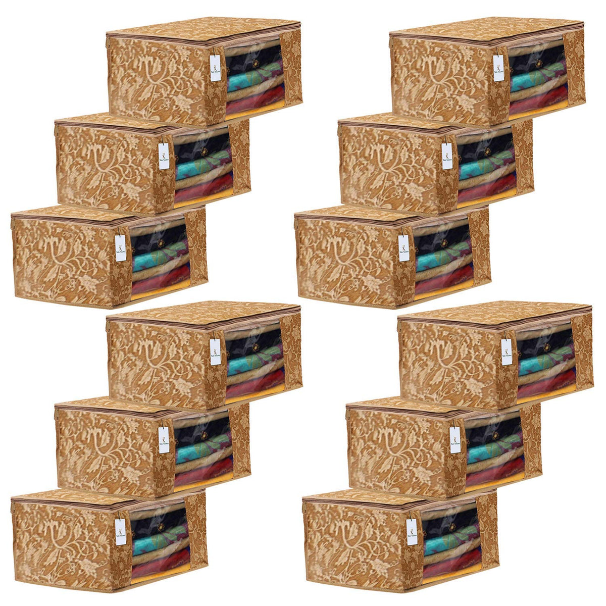 Kuber Industries Metalic Printed 12 Piece Non Woven Fabric Saree Cover Set with Transparent Window, Extra Large, Beige-CTKTC31903