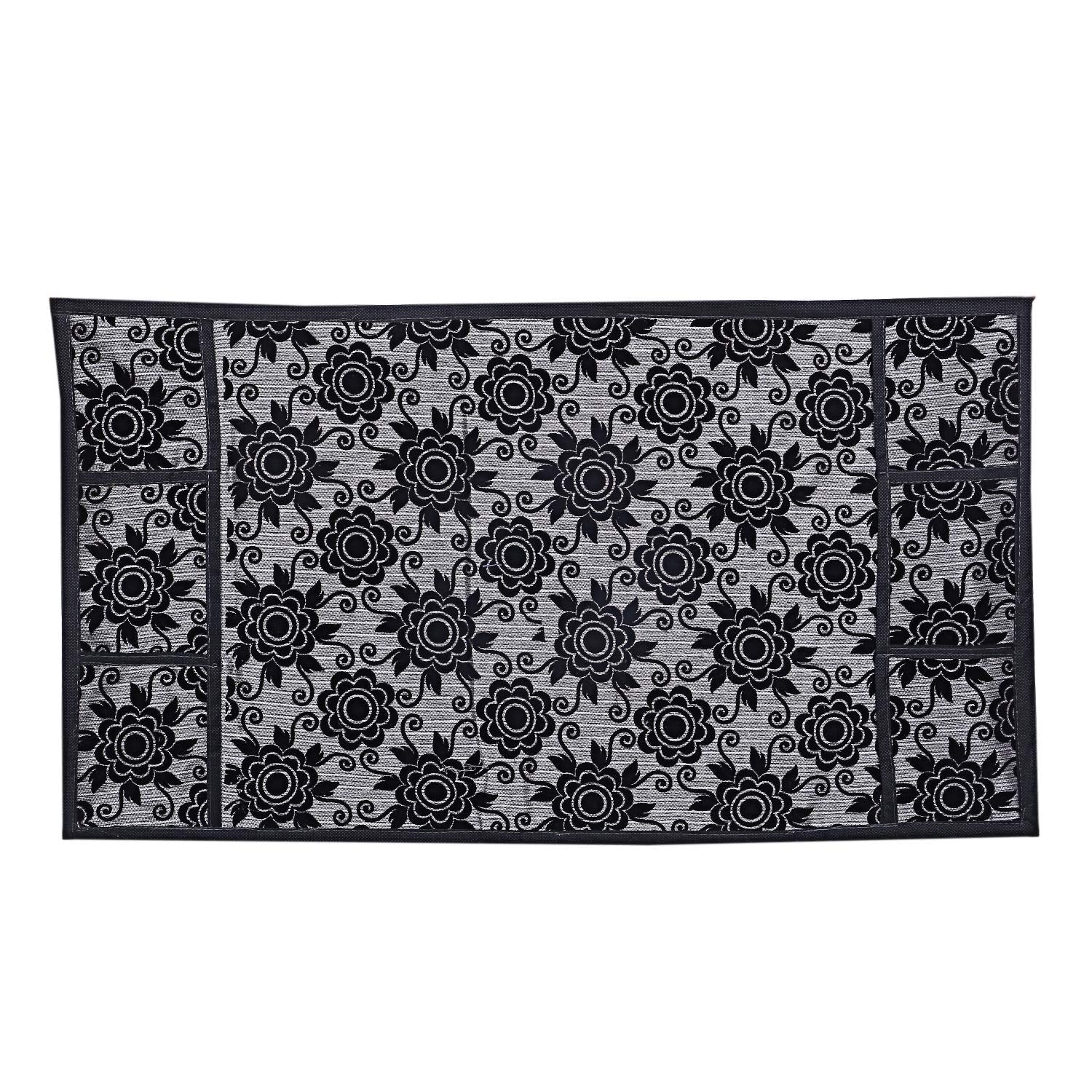 Kuber Industries Fridge Top Cover|Floral Print & Cotton Material|6 Utility Side Pockets with Plain Border|Size 94 x 54 CM, Pack of 1 (Black)