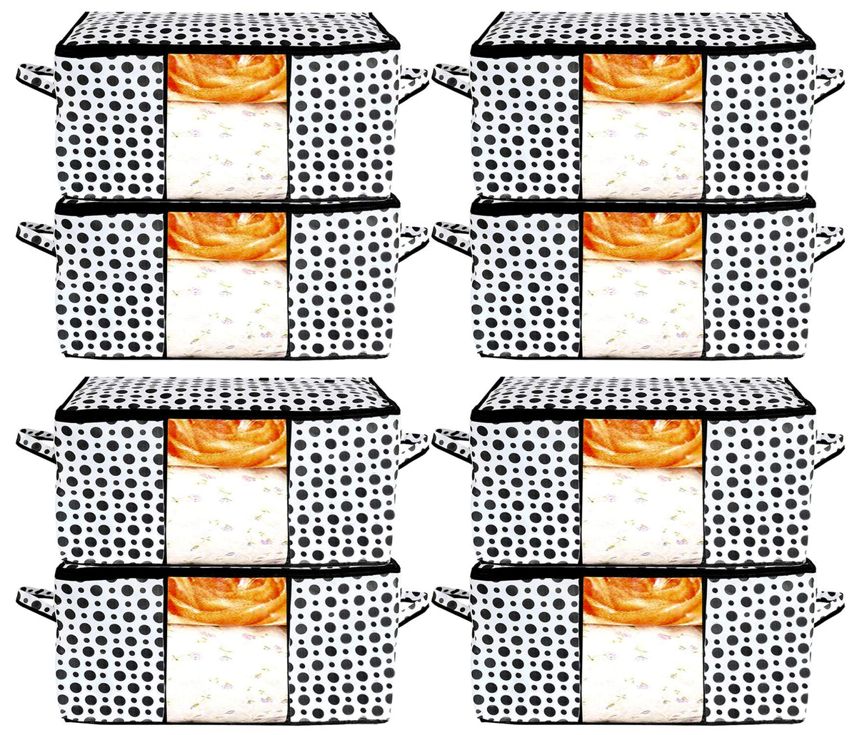 Kuber Industries Polka Dots Design Non Woven 8 Pieces Underbed Storage Bag, Cloth Organiser, Blanket Cover with Transparent Window (Black & White) -CTKTC038105