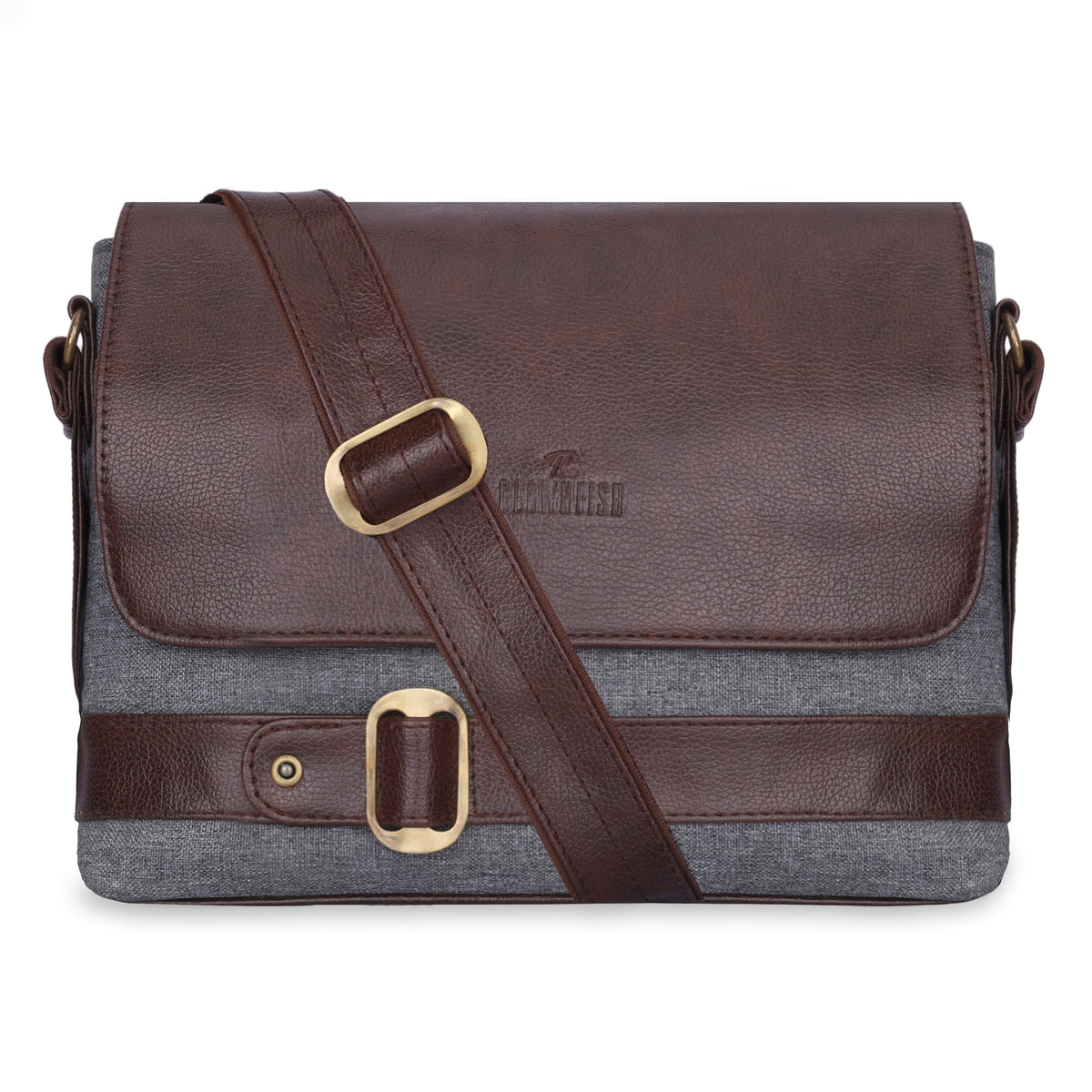 THE CLOWNFISH Eleganza Series Sling for Men & Women Melange Fabric & Faux leather Casual Unisex Single Shoulder Bag Crossbody Bag for College Girls Boys (Grey & Brown)