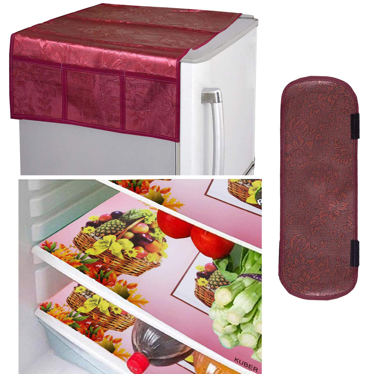 Kuber Industries PVC 3 Pieces Fridge Mats, 1 Piece Handle Cover and 1 Piece Fridge Top Cover (Maroon)-CTKTC014624