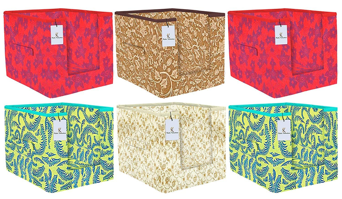 Heart Home Metalic Printed 6 Piece Non Woven Shirt Stacker Wardrobe Organizer Set, (Green, Brown, Red & Beige) - CTHH16673