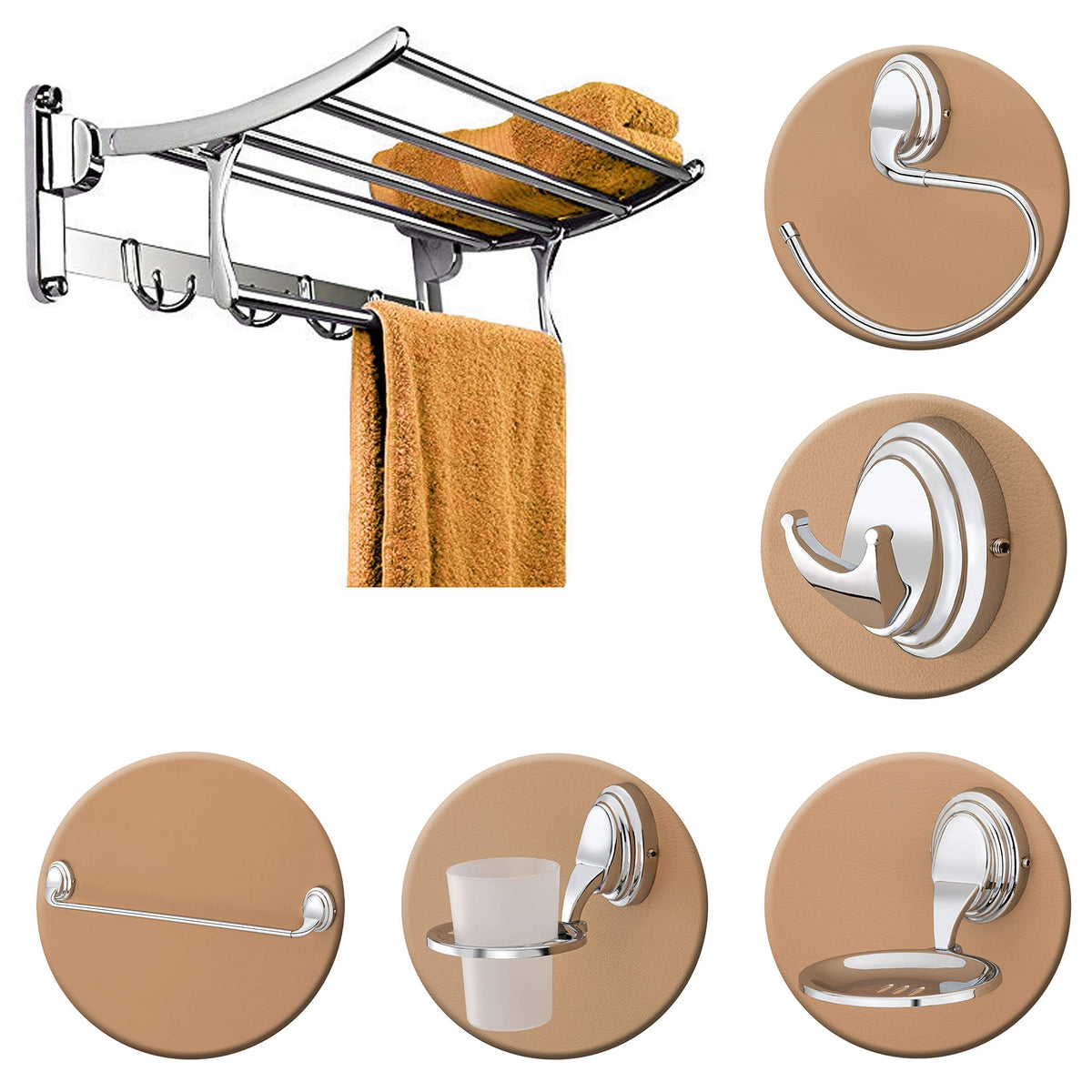 Plantex Stainless Steel Folding Towel Rack with Stainless Steel 304 Grade Cubic Bathroom Accessories Set 5pcs (Towel Rod/Napkin Ring/Tumbler Holder/Soap Dish/Robe Hook)