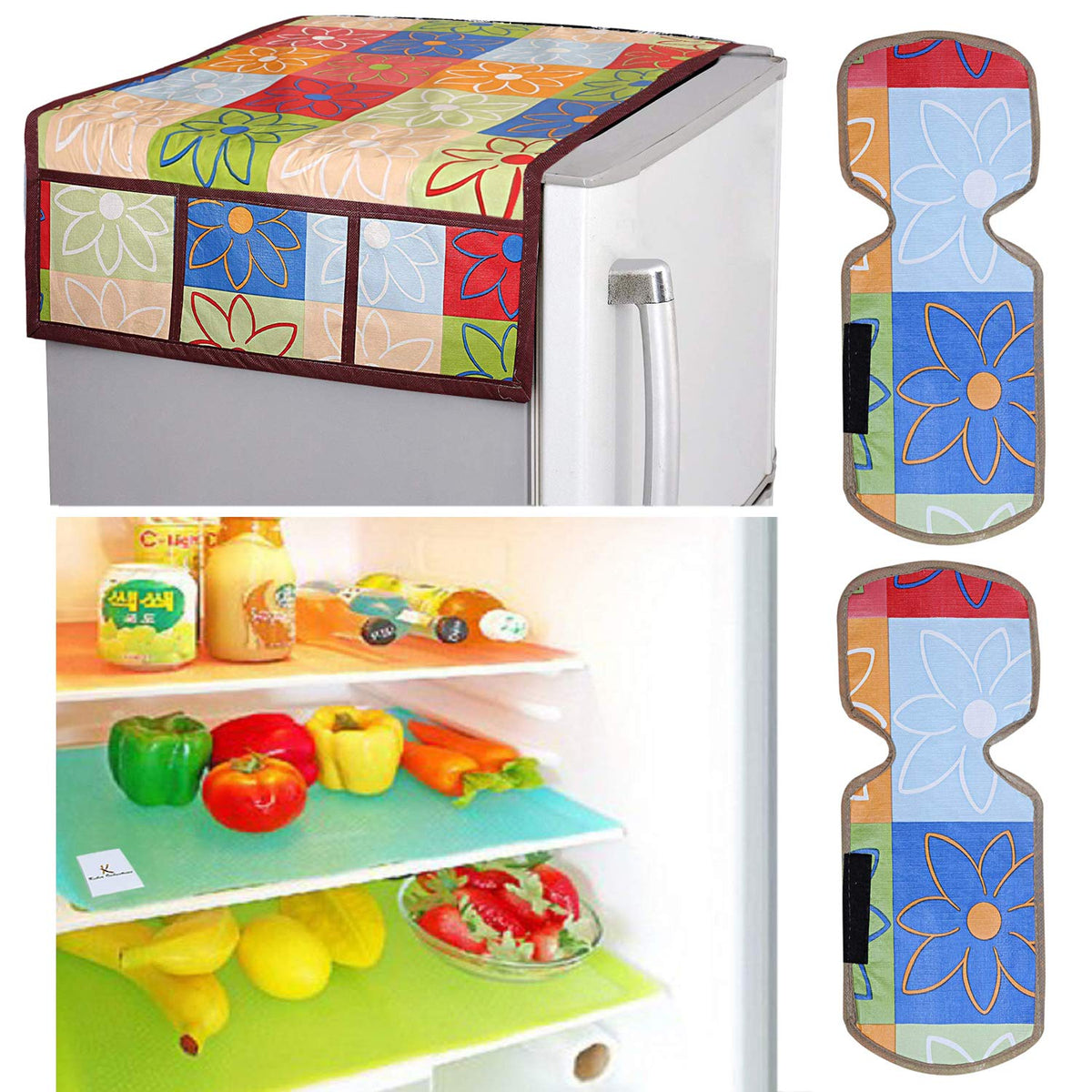 Kuber Industries Floral Design Combo PVC 3 Pieces Fridge Mats, 2 Piece Handle Cover and 1 Piece Fridge Top Cover(Multi)