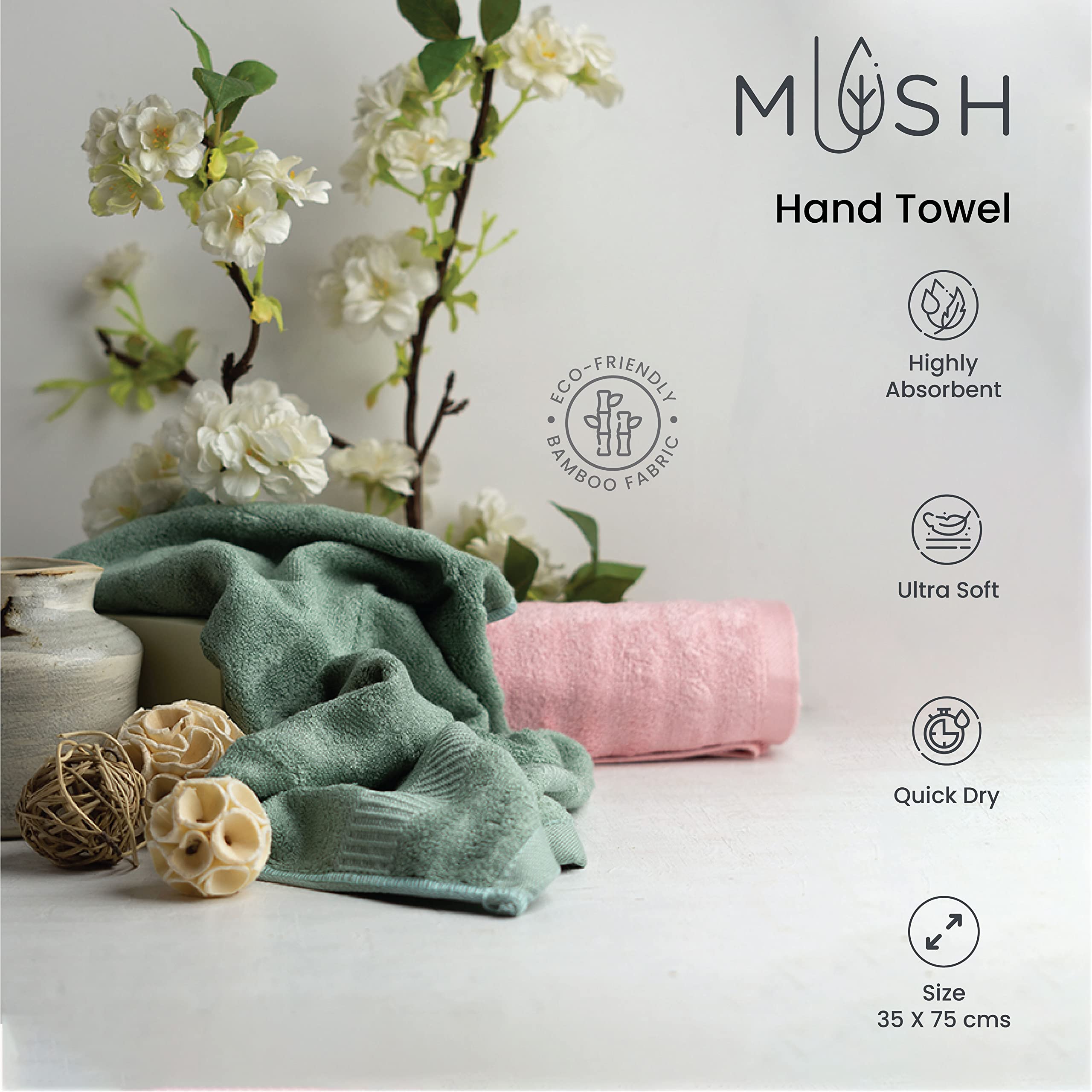 Mush 600 GSM Hand Towel Set of 2 | 100% Bamboo Hand Towel |Ultra Soft, Absorbent & Quick Dry Towel for Gym, Pool, Travel, Spa and Yoga | 29.5 x 14 Inches (Pink & Grey)