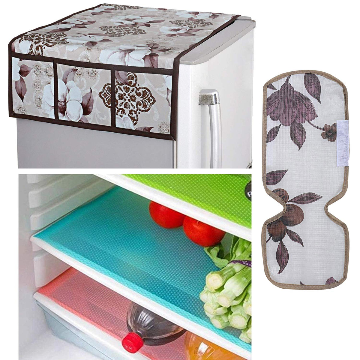 Kuber Industries PVC 3 Pieces Fridge Mats, 1 Piece Handle Cover and 1 Piece Fridge Top Cover (Brown)-CTKTC014598