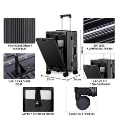 THE CLOWNFISH Ambassador Series Carry-On Luggage Polycarbonate Hard Case Suitcase Eight Spinner Wheel Trolley Bag with TSA Lock, USB, Mobile Holder, Cup Holder- Black (56 cm-22 inch)