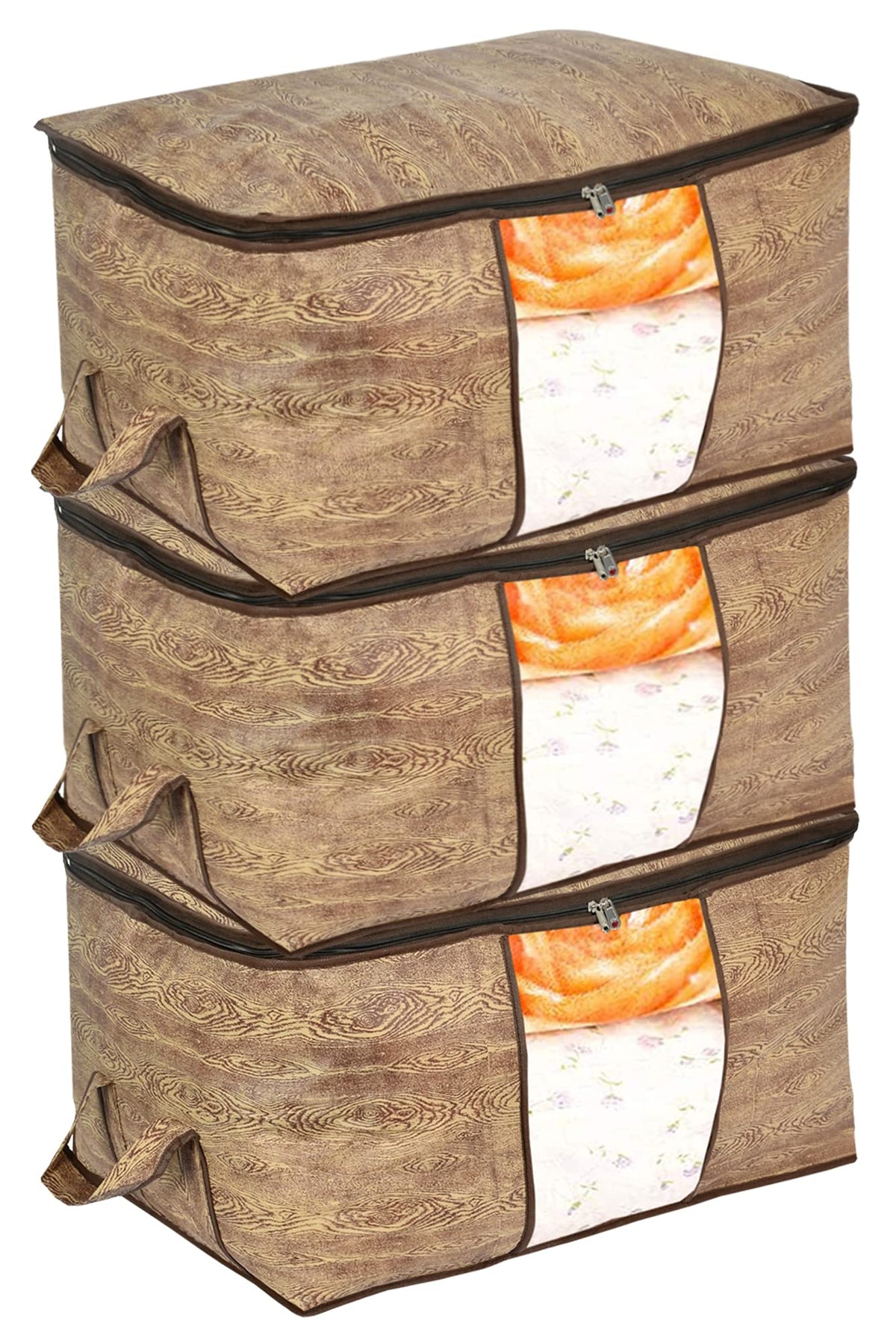 Kuber Industries Wooden Print Non Woven 3 Pieces Underbed Storage Bag,Cloth Organiser,Blanket Cover with Transparent Window (Brown)