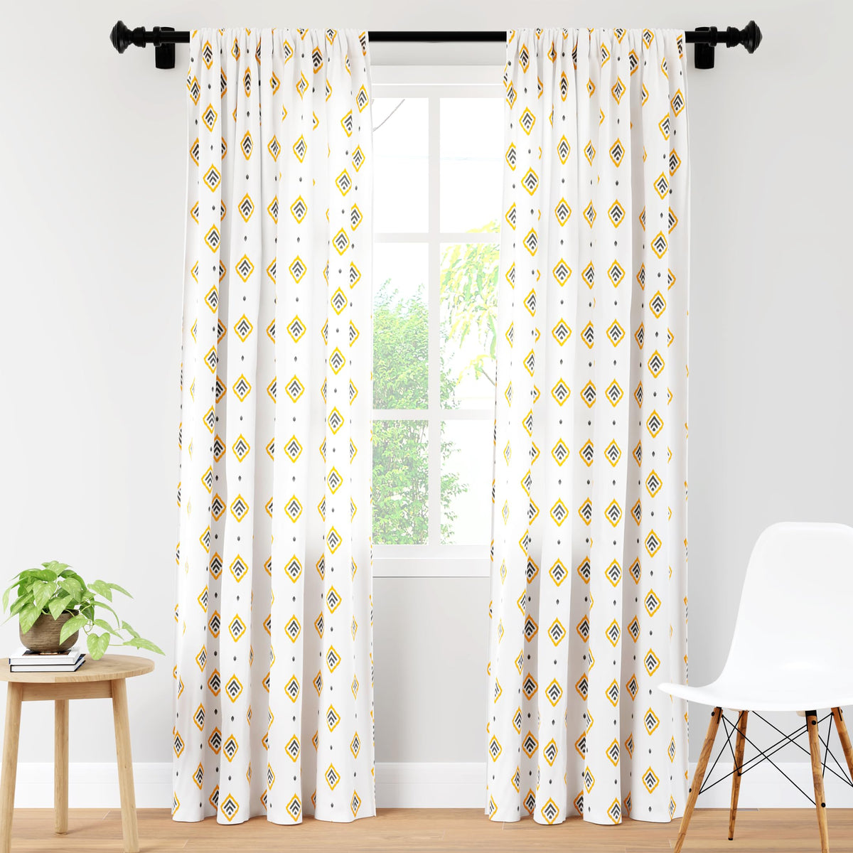 Encasa Homes Polyester Printed Long Door Curtain for 8 ft with Tie Back, Rod Pocket, Light-Filtering, Curtains for Kitchen, Bedroom, Living Room (140x244 cm), Diamond Yellow, Set of 2