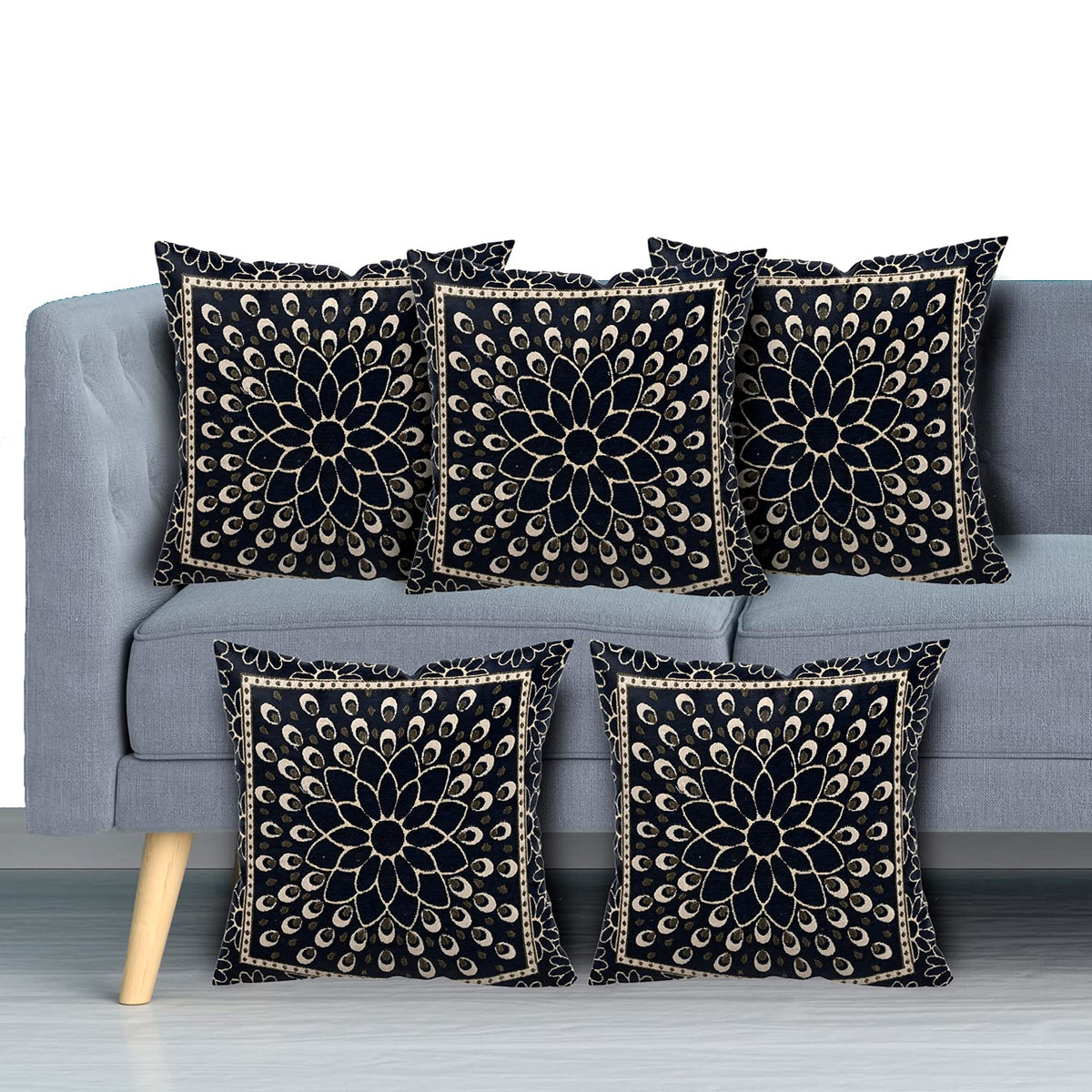 Kuber Industries Rangoli Design Velvet Pillows Covers for Couch Bed Sofa, Soild Soft Cushion Case, 16x16 Inches- Pack of 5 (Blue)