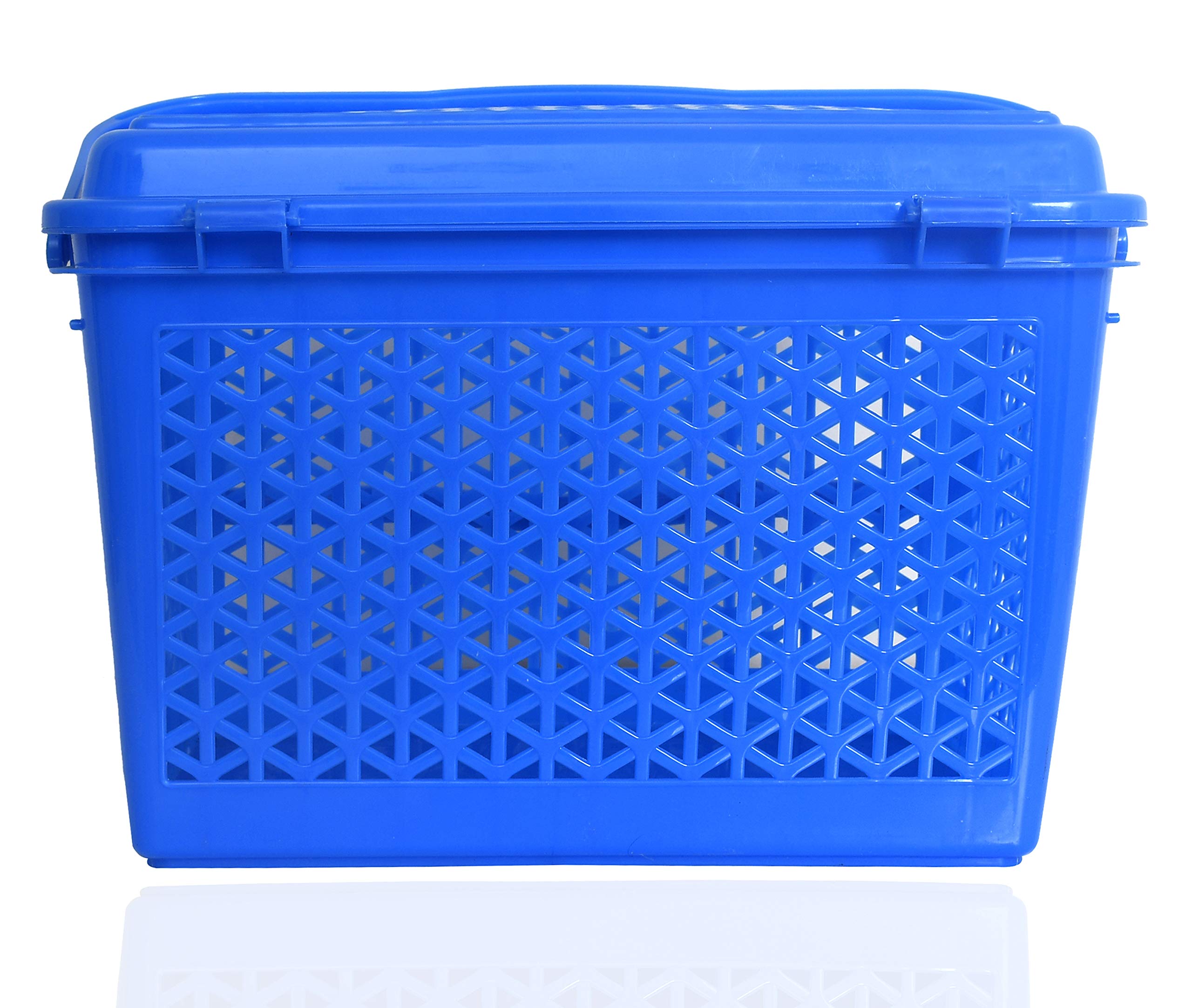 Kuber Industries Trendy Shopping/Storage Basket with Handles|Solid Plastic Big Bin|Handles Plus Lid|Size 30 x 41 x 28 (Blue)-KUBMART11098
