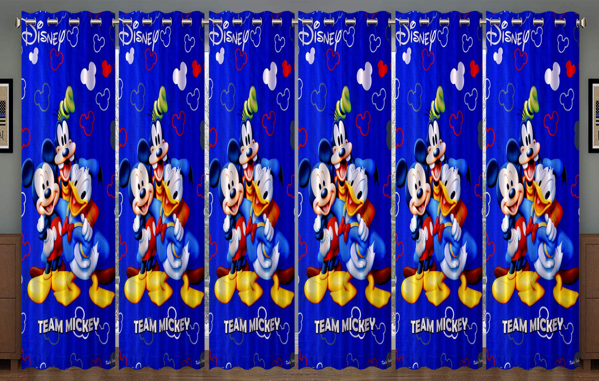 Kuber Industries Disney Team Mickey Print 6 Pieces Polyester Special Blackout Long Crush Eyelet Door Curtain 7 Feet (Royal Blue)-KUBERMART59